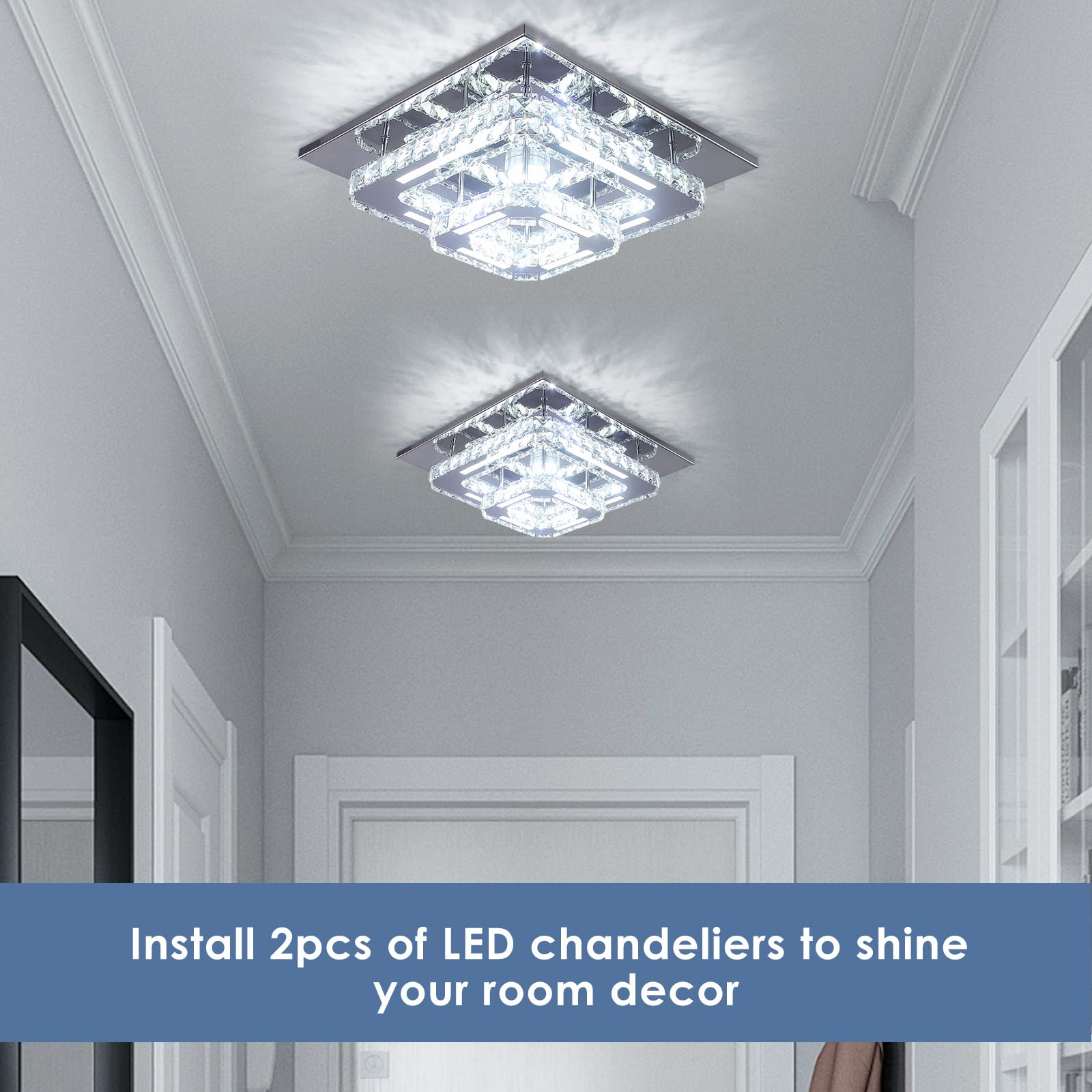Cxgleaming Modern Crystal Chandelier - 12 Flush Mount Ceiling Light Fixture With Remote Control - Dimmable Led Chandelier For Bedrooms Living Rooms Closet Hallways Bathroom