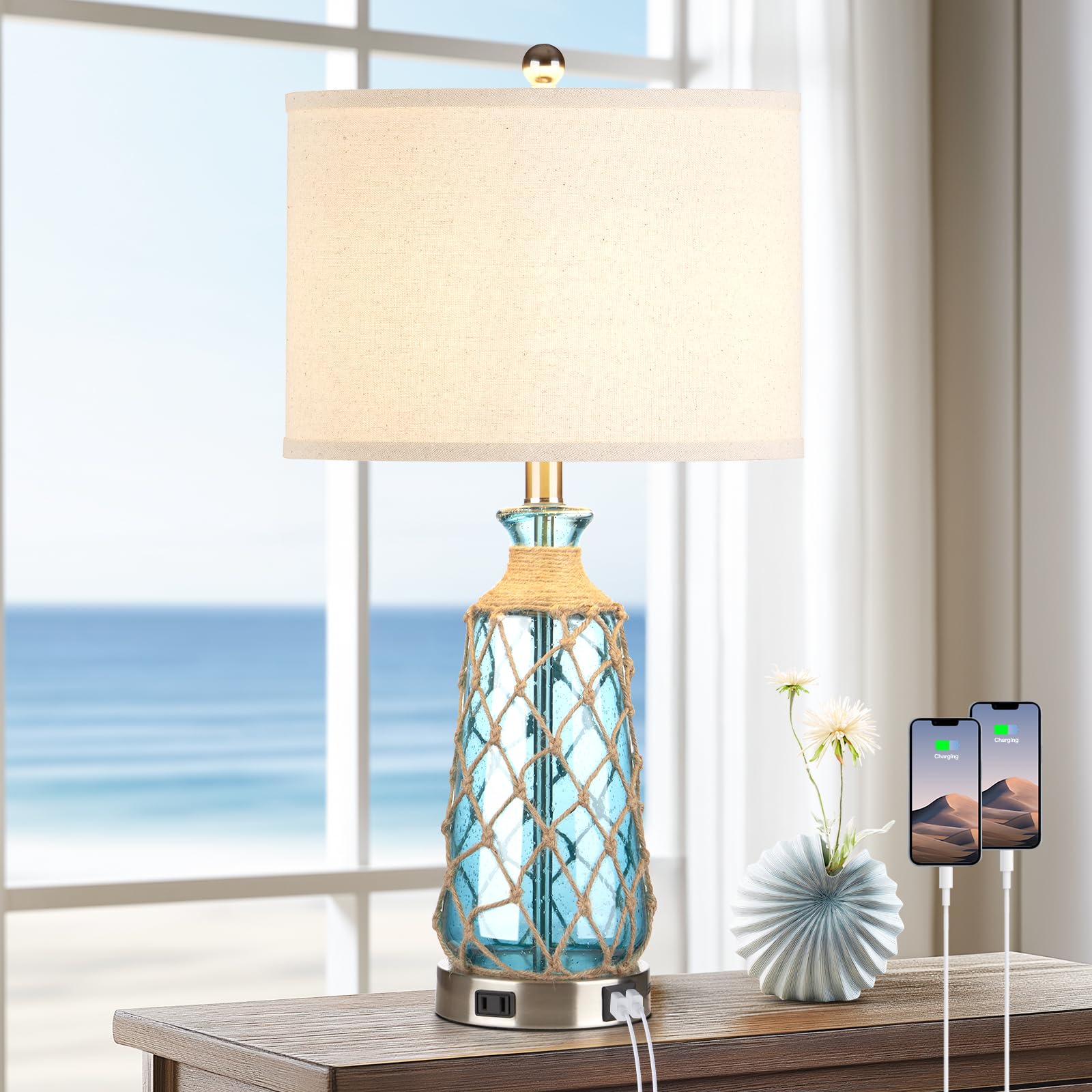 Ruzectt Coastal Glass Table Lamps, 3-Way Dimmable Touch Control Bedside Lamps with 2 USB Ports and AC Outlet, Teal Nautical Nigh