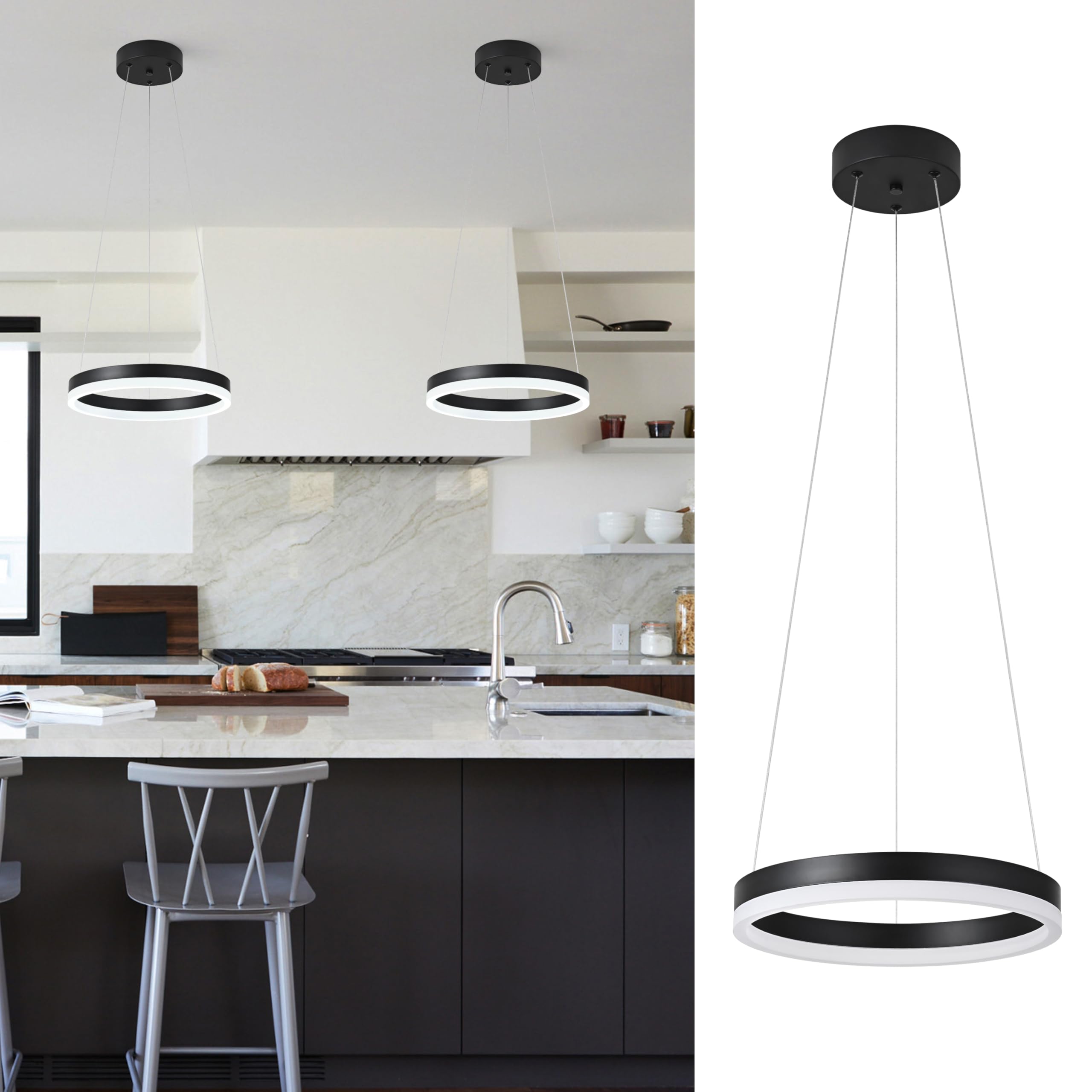 Mccokaige 12'' Black Led Ring Chandelier Ring Modern Led Chandelier Modern Pendant Lights Adjustable Height Light Contemporary L