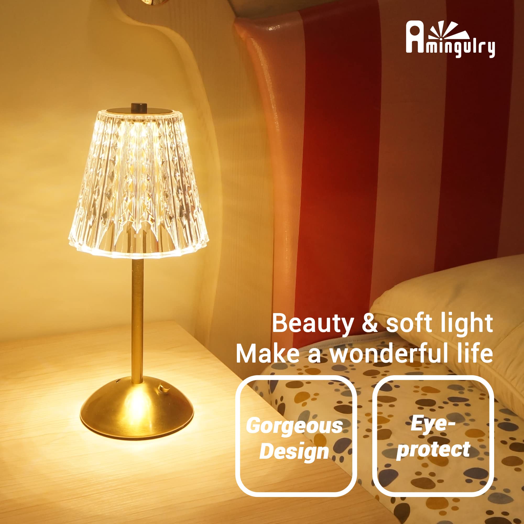 Amingulry Cordless Table Lamp, Rechargeable LED Touch Lamp, Stepless Dimmable, Little Size, Gold Fountain Metal