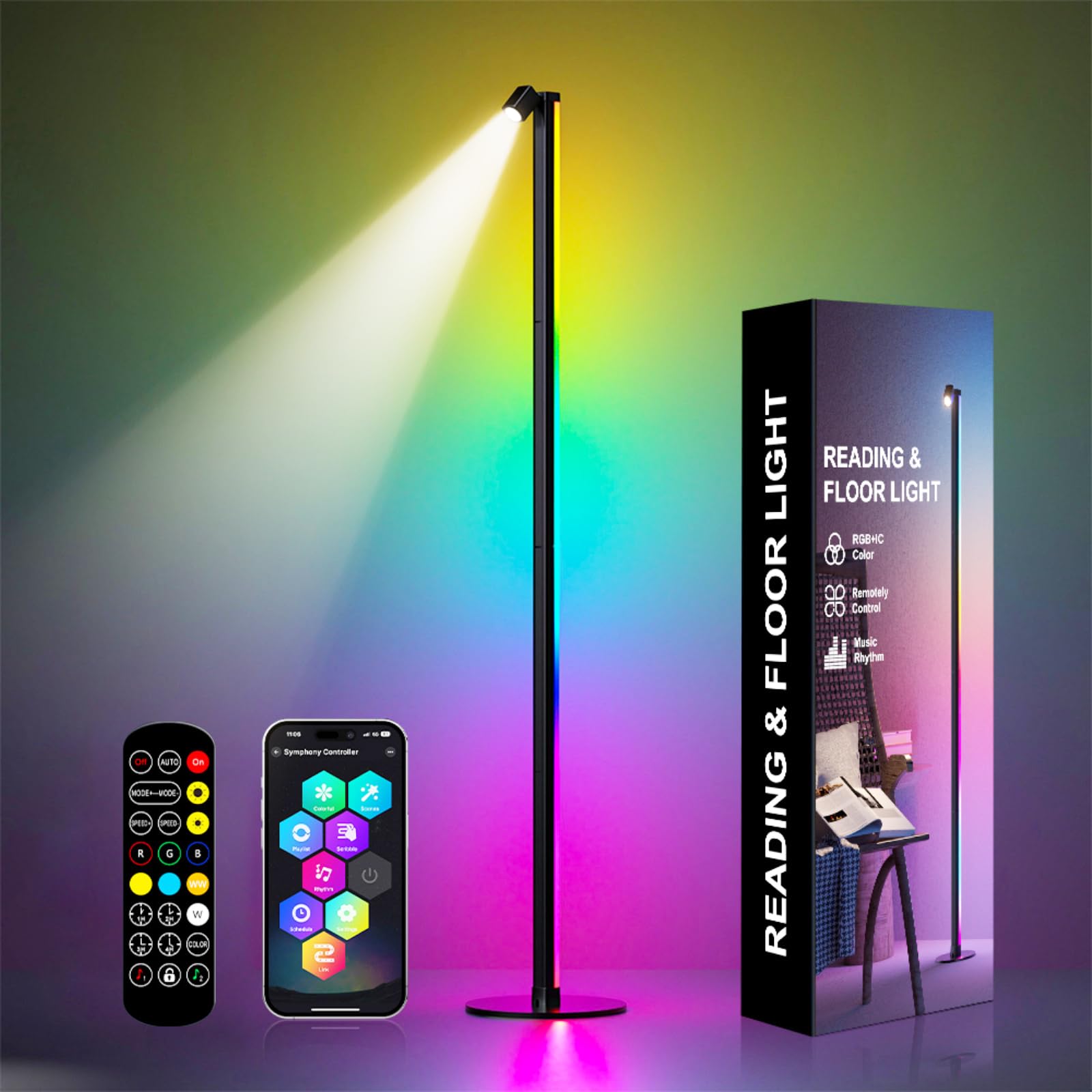 Cypkh RGB Floor Lamp, Smart Led Floor Lamp with Music Sync 1000 Lumens Main Light 100 Lumens Corner Floor Lamp Reading Light 16 