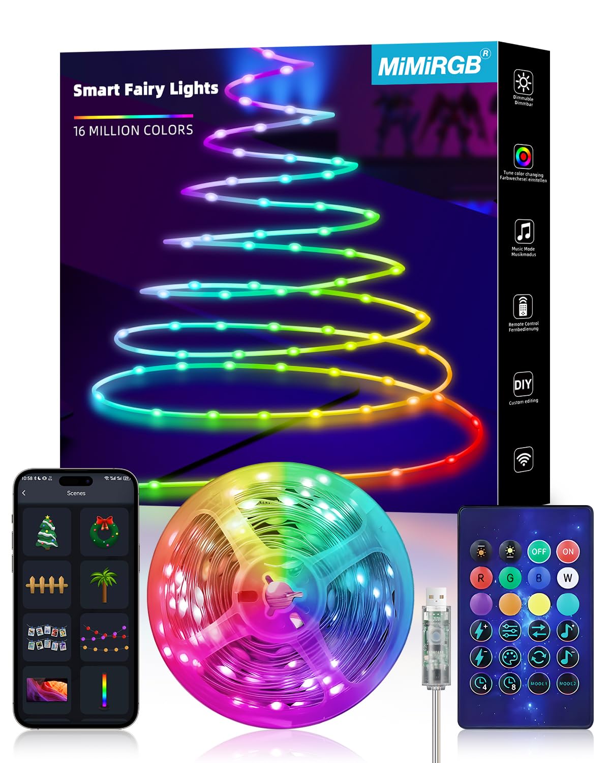 MIMIRGB Smart Color Changing Christmas Lights,33ft 100 LED USB Fairy Lights with APP Control,12 Scenes and Music Sync LED String Light for Room Indoor Christmas Tree Decoration