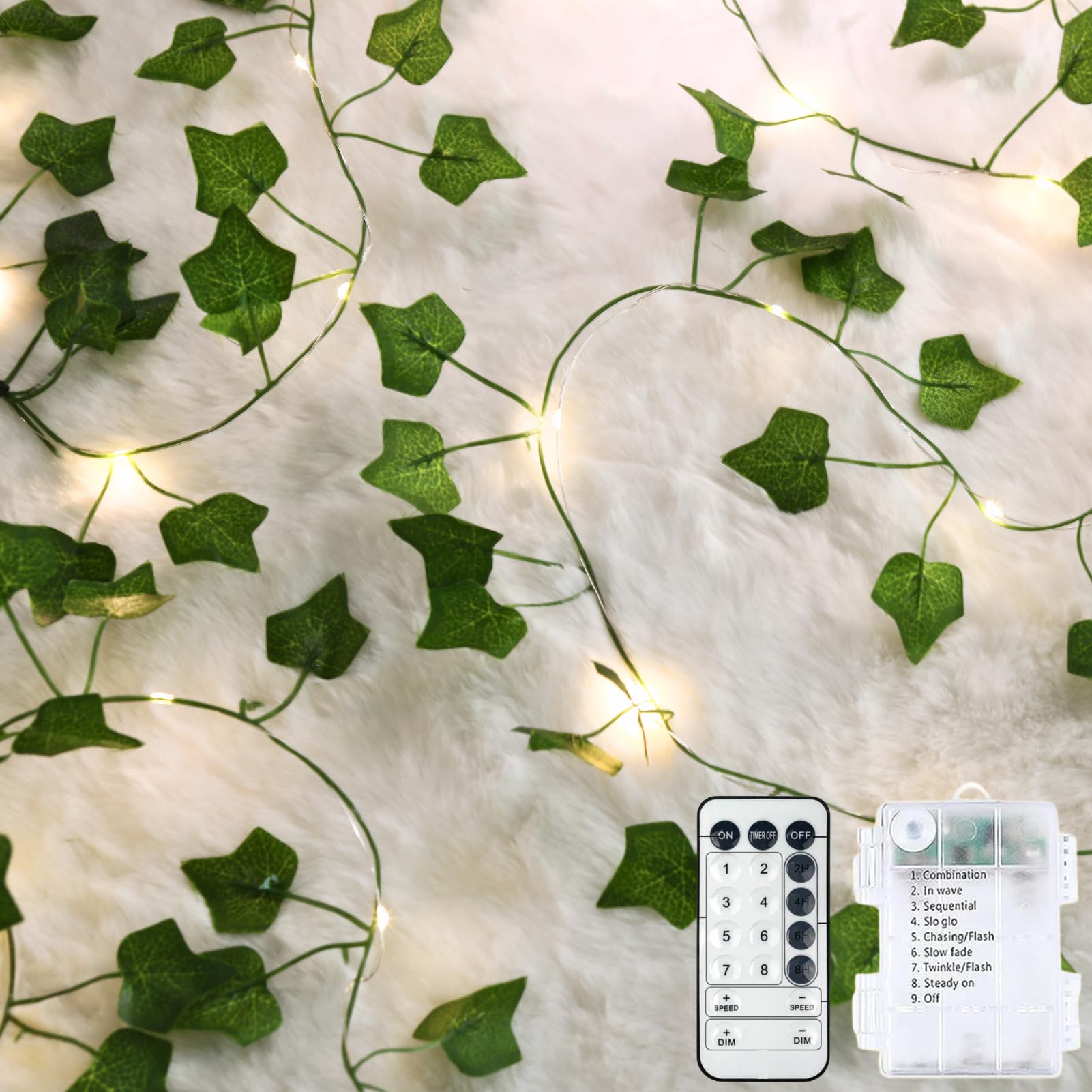 Nakolulu 40ft Ivy String Lights, 120 LED Warm White, USB & Battery Operated, Timer, 8 Modes, Model IVSL