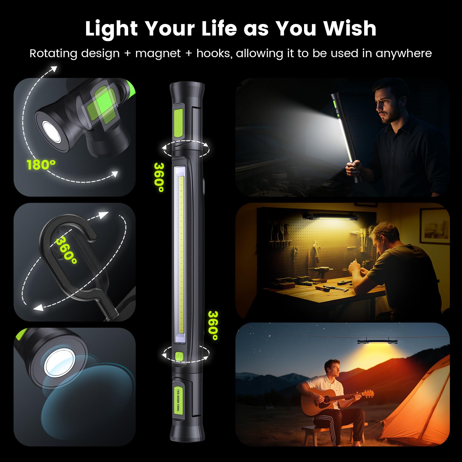 etoolab Work Light 3000LM Cordless Under Hood Light Bar, 3-Mode, USB-C Fast-Charge, Magnetic Hook, Black, Model L3 Lite