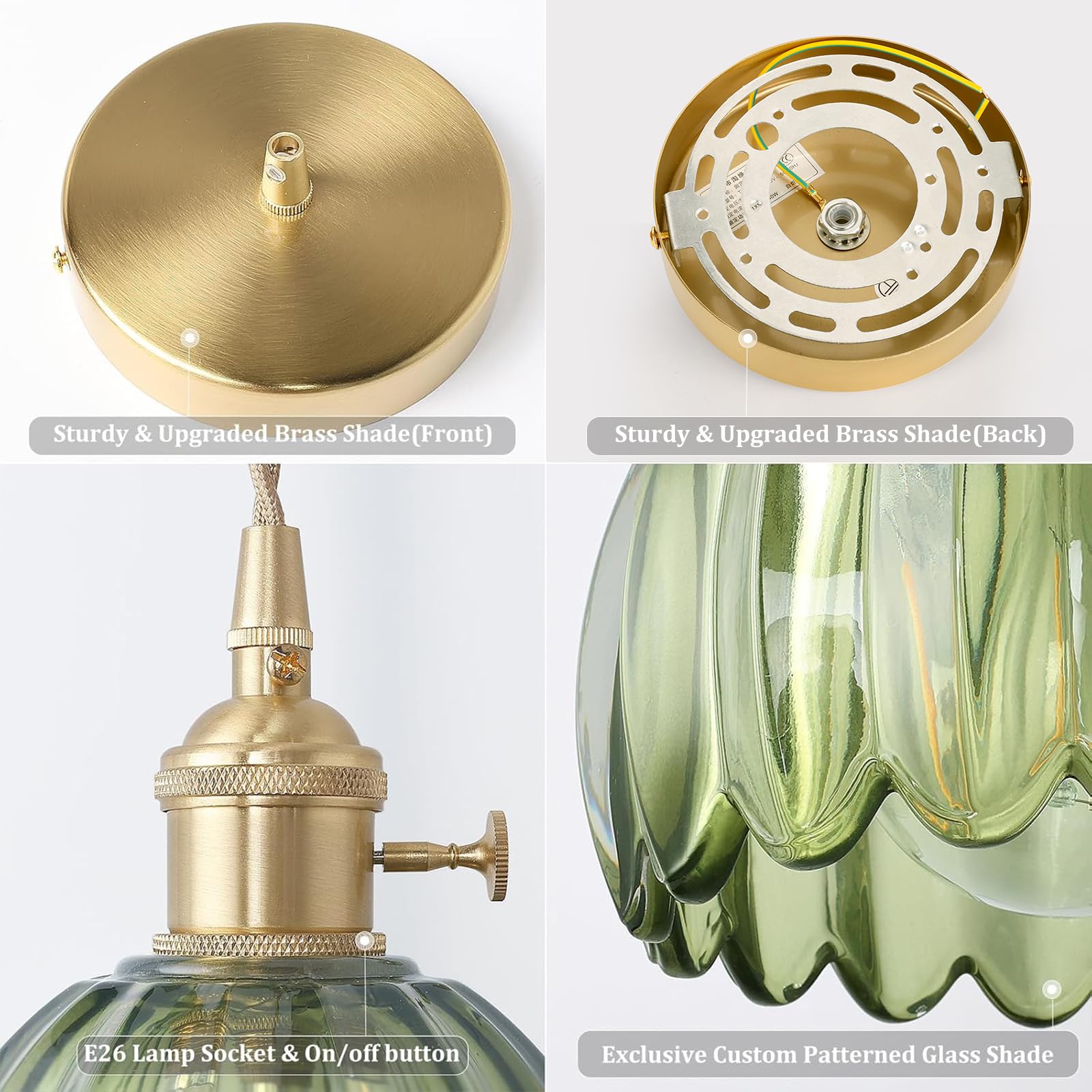 Shenmoyl Mini Pendant Light 2 Pack With Green Tulip Glass Lmapshade, Brass Vintage Pendant Light Adjustable Hanging Light For Ki