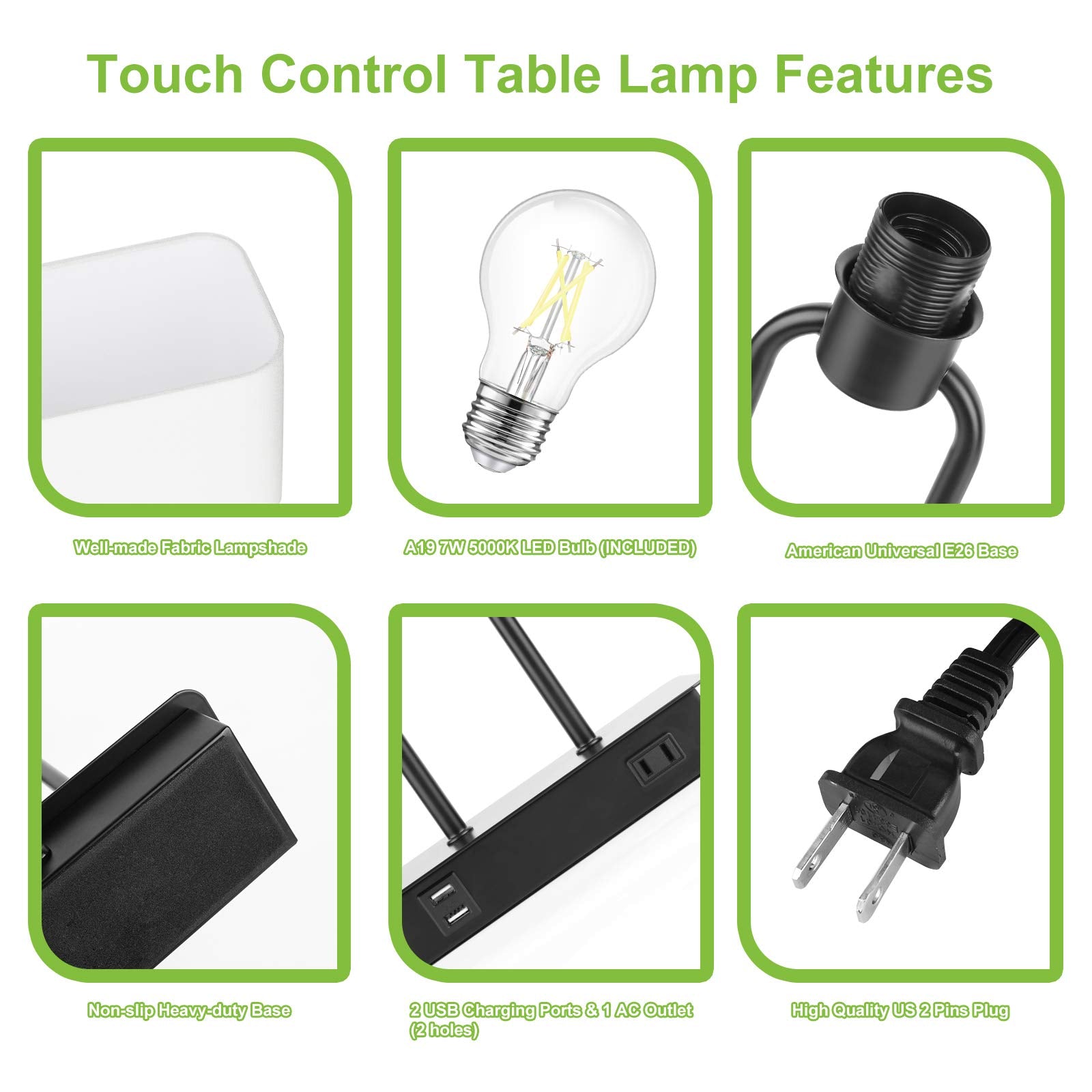 Lakumu Bedside Touch Control Table Lamp, 3-Way Dimmable, White Fabric Shade, Dual USB Ports, AC Outlet, Model T0327 BK+WH 50
