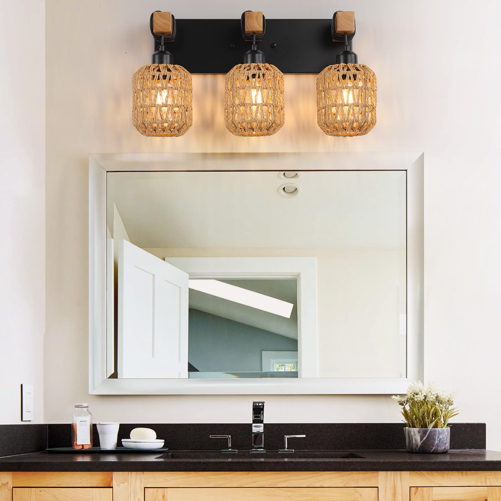 LmnLvn 3-Light Bathroom Vanity Light Fixtures, Rustic Wood Sconce with Boho Wicker Lampshade, Black, Model L8001