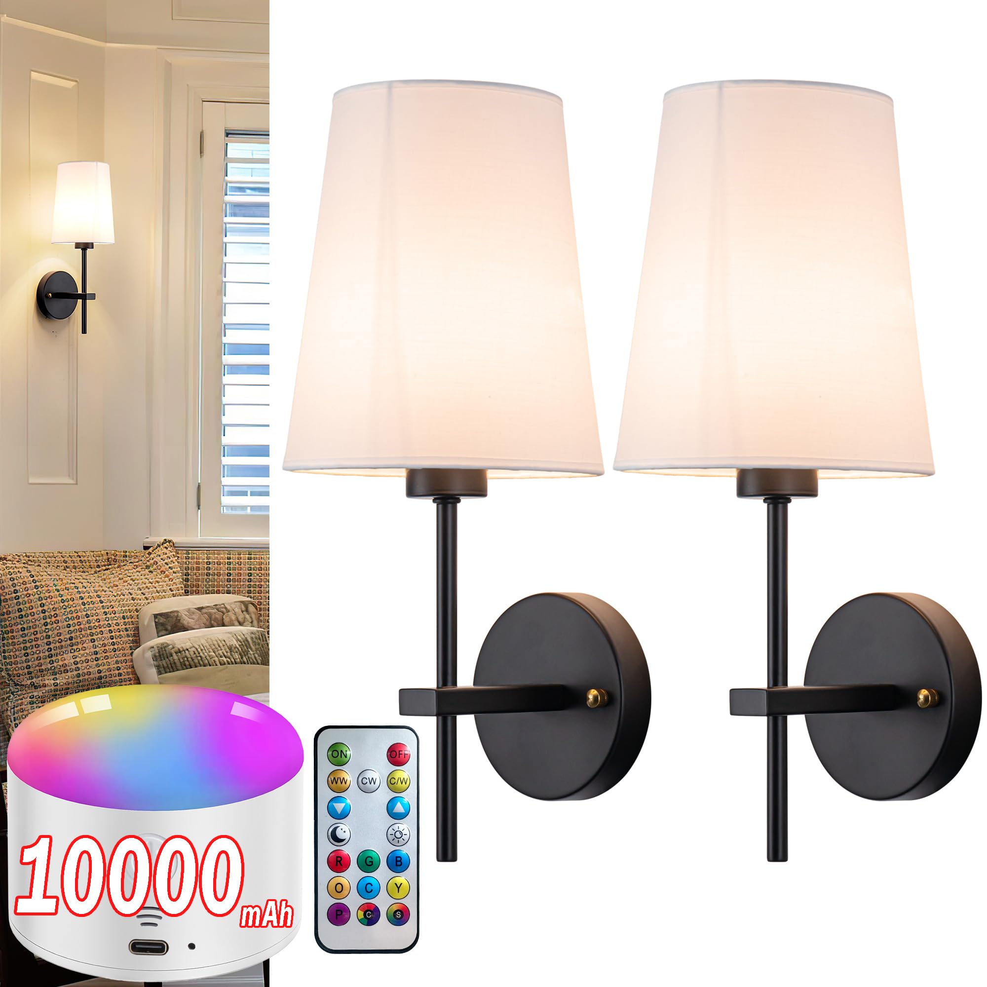Battery Operated Wall Sconce Set Of 2, Wireless Dimmable Battery Powered Wall Lamp With Remote Control,Battery Wall Light With White Fabric Shade For Bedroom,Easy To Install,3 Color Temp Bulb Included