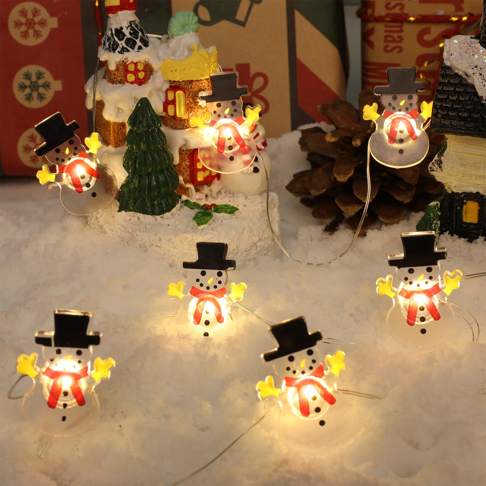 Joygoods 2 Pack Battery Operated Christmas Lights, 7 Feet 20LED Snowman String Lights for Home Bedroom Indoor Christmas Tree Gar