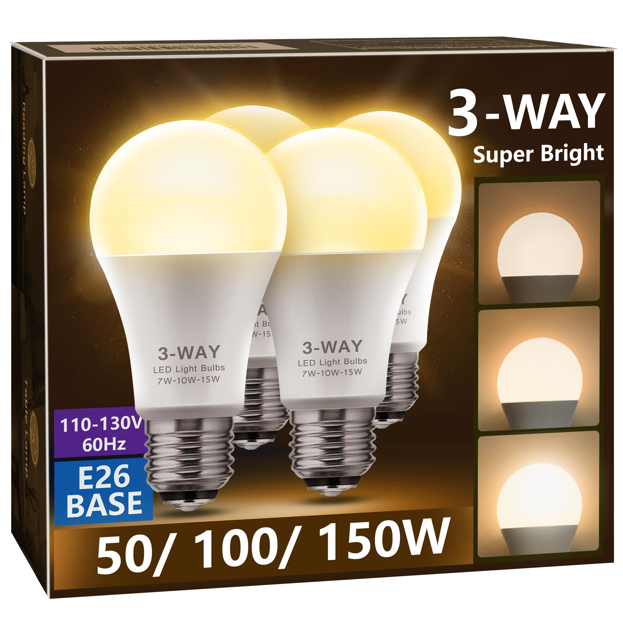 Briignite 3 Way Led Light Bulbs, 4 Pack, Soft White 3000K 50/100/150 Watt Equivalent, A19 Three Way Light Bulbs, E26 Base 3-Way 