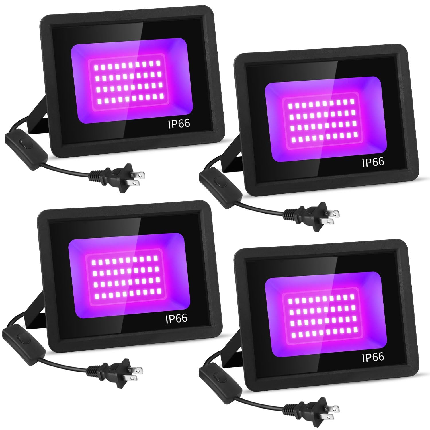 ISUERFY 4 Pack 36W LED Black Light, IP66 Waterproof, Purple Flood Light for Outdoor Use, Neon Glow, Classroom, Halloween