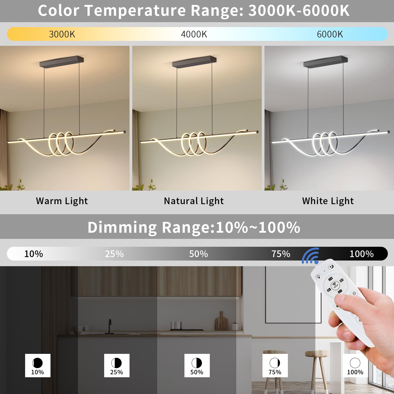 Zihoi Modern LED Pendant Light, Dimmable Chandelier with Remote, 57in Black Aluminum Fixture for Kitchen & Dining Room