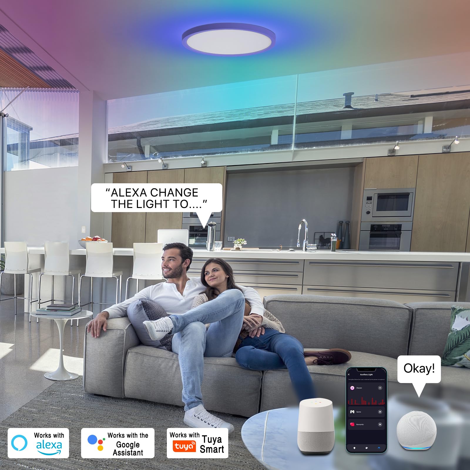 Smart Led Ceiling Light Wifi,12Inch Rgb Flush Mount Lighting Fixture With Remote,Color Changing Light Fixture For Bedroom,Dimmab