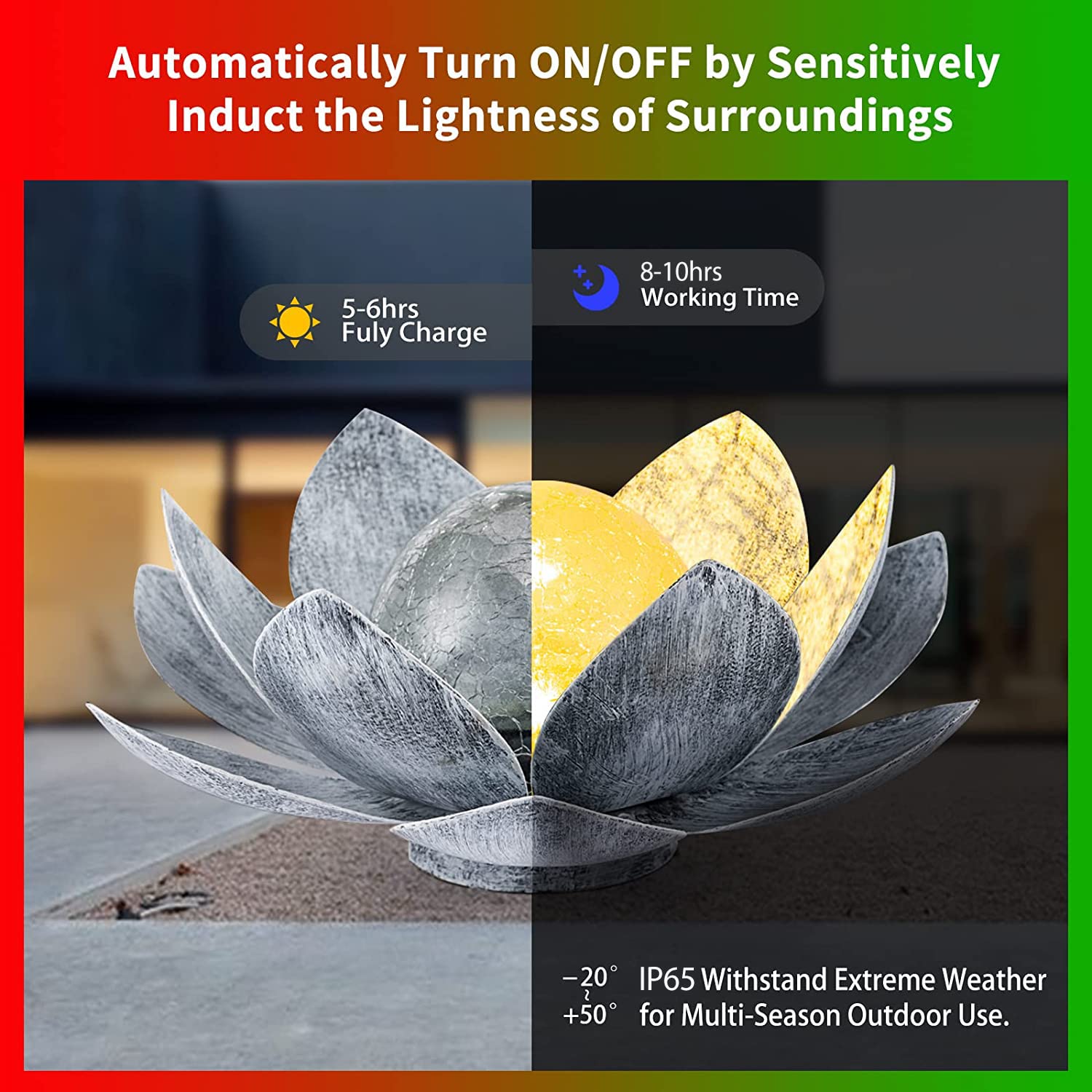 Garden Solar Light Outdoor(2Pack), Amber Crackle Globe Glass Lotus Decoration, Waterproof Gary Metal Led Flower Lights For Patio