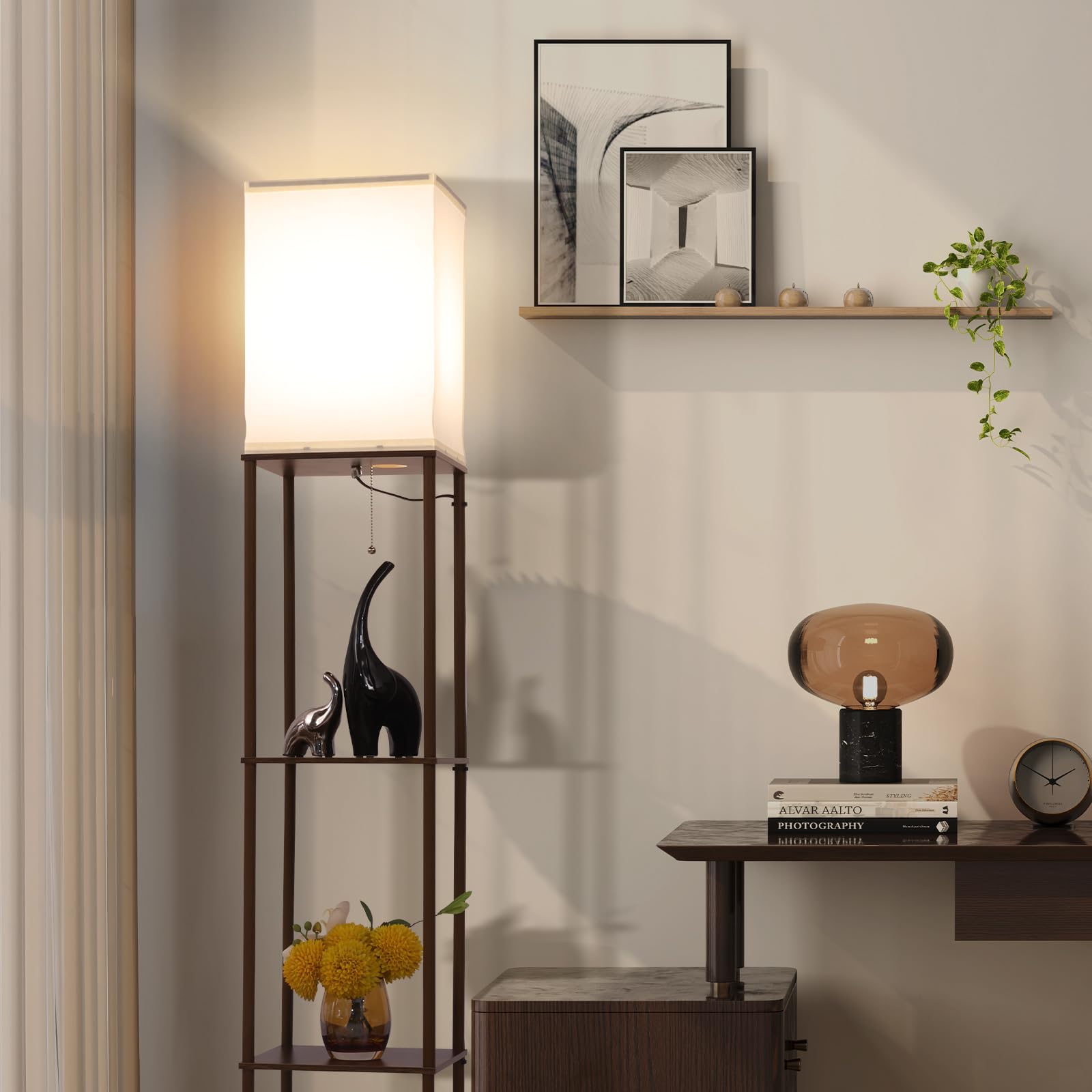 Gupuzm Floor Lamp with Shelves, Modern Wood Design, 3 Color Temperatures, Brown, Model PFL-007