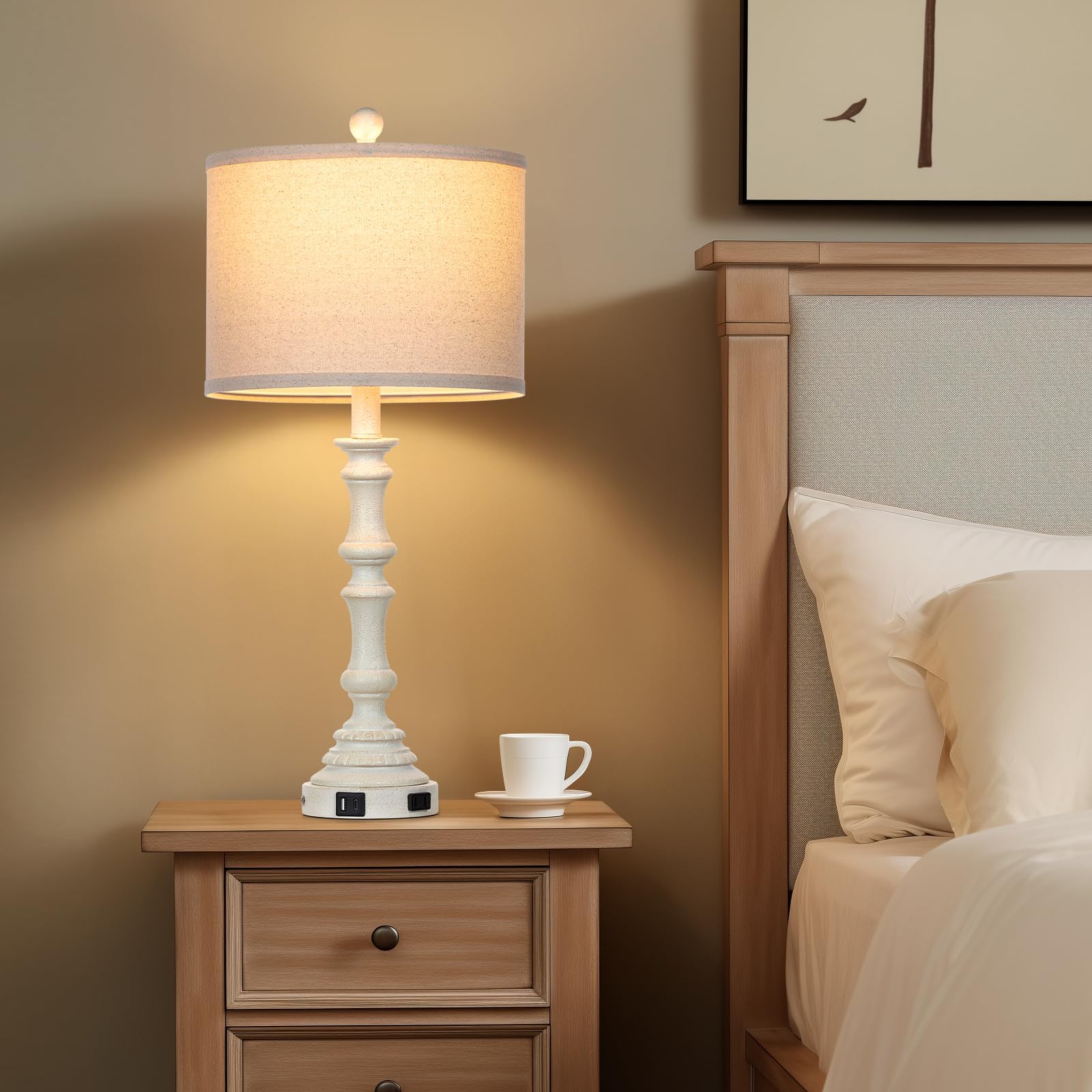 Cinkeda 27.5'' Farmhouse Table Lamps Set Of 2 With Usb C+A Ports & Ac Outlet For Vintage Living Room Retro Bedroom,3-Way Dimmabl