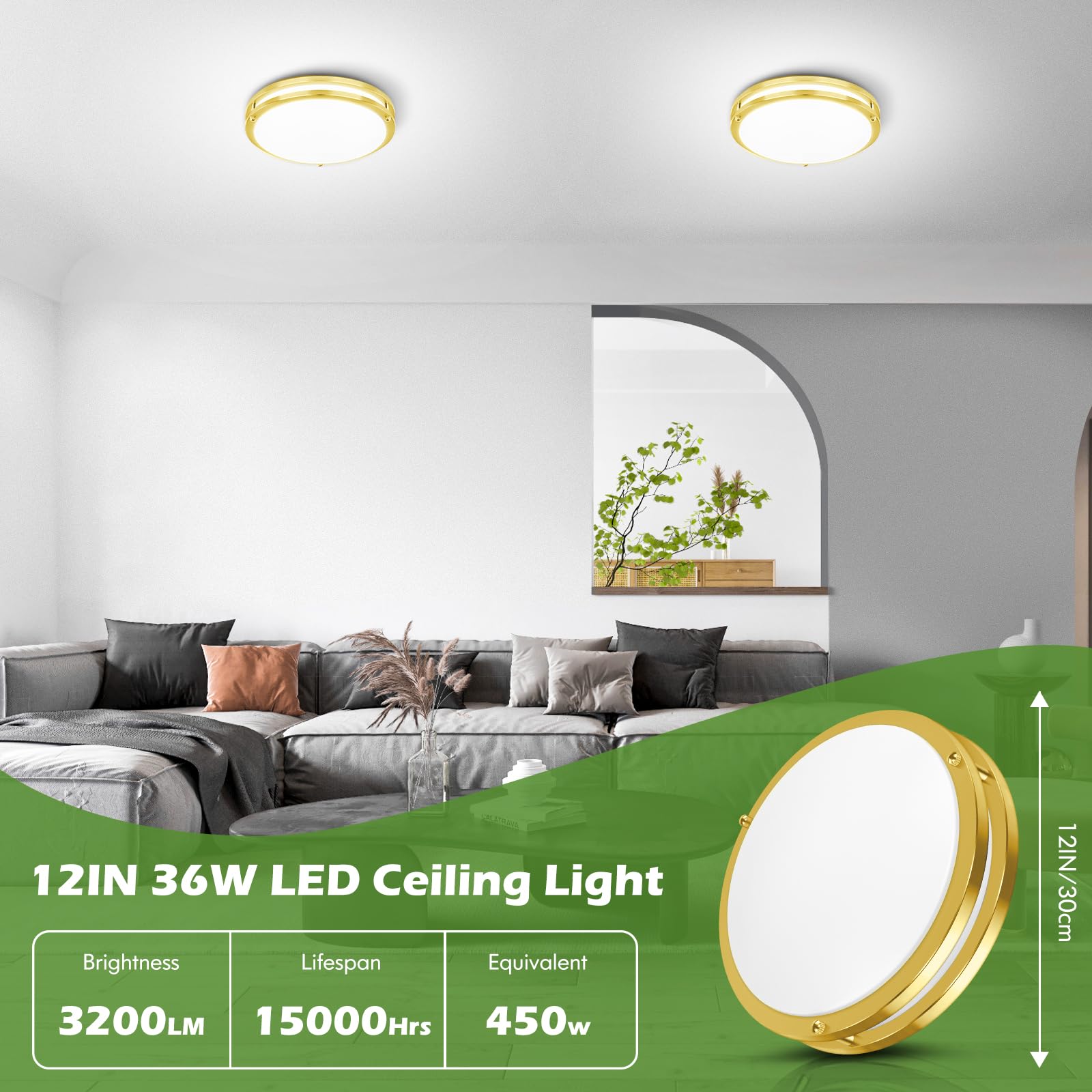 36W Led Ceiling Lights For Bedroom Kitchen, 12 Inch 3600Lm Super Bright Dimmable Gold Flush Mount Light Fixtures, 2700K/3000K/40