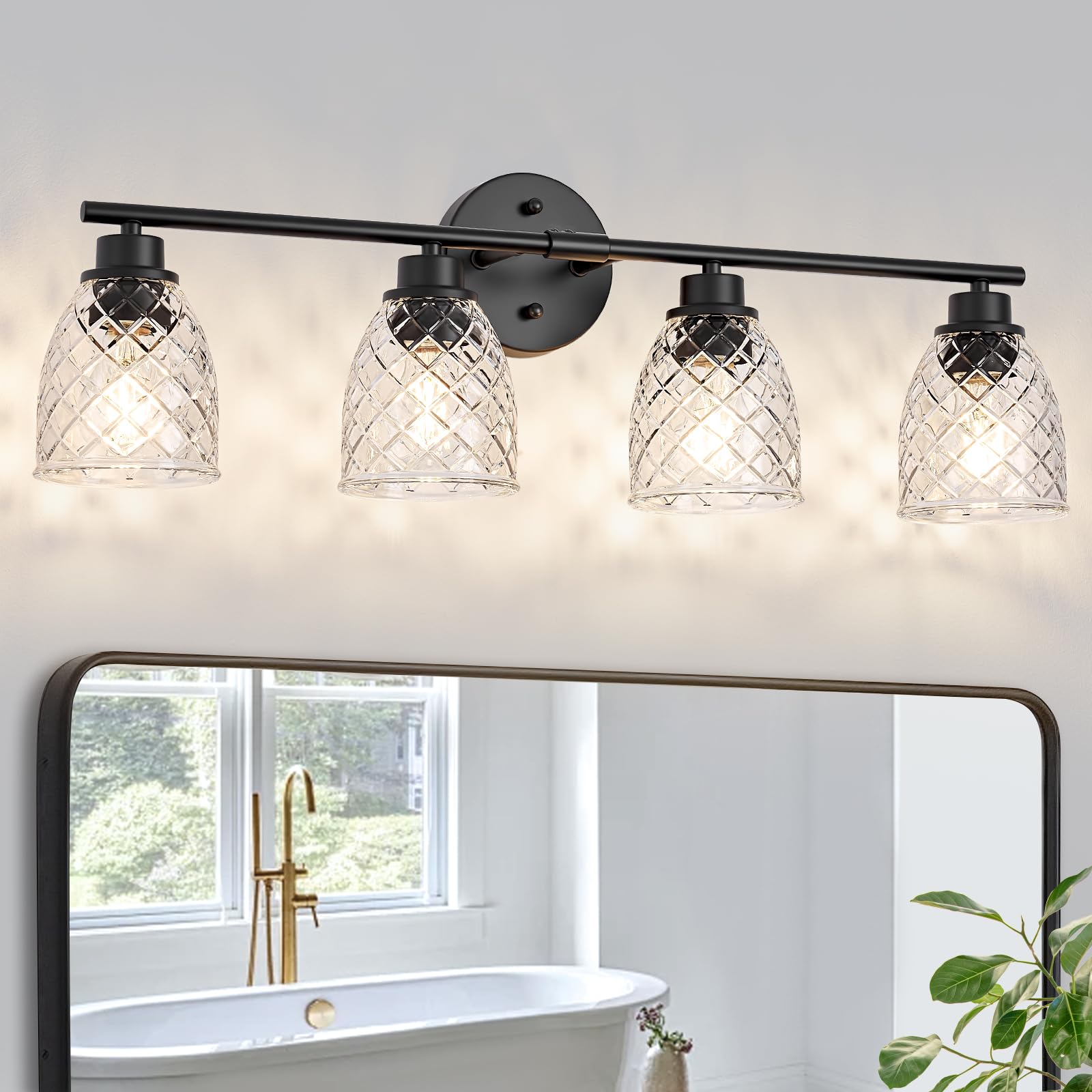 Szohva 4-Light Bathroom Light Fixtures, Modern Black Vanity Light Over Mirror, Wall Sconce with Clear Hammered Glass Shades, E26
