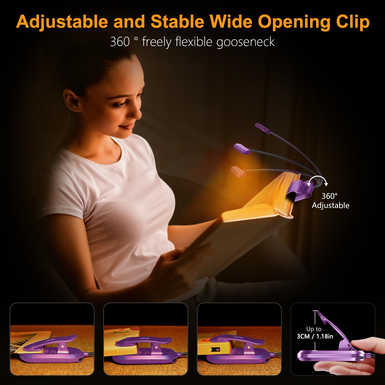 Gritin Rechargeable Book Light - 19 LEDs, 3 Color Temperatures, 5 Brightness Levels, Flexible Goose Neck, Dark Purple, Model G1321