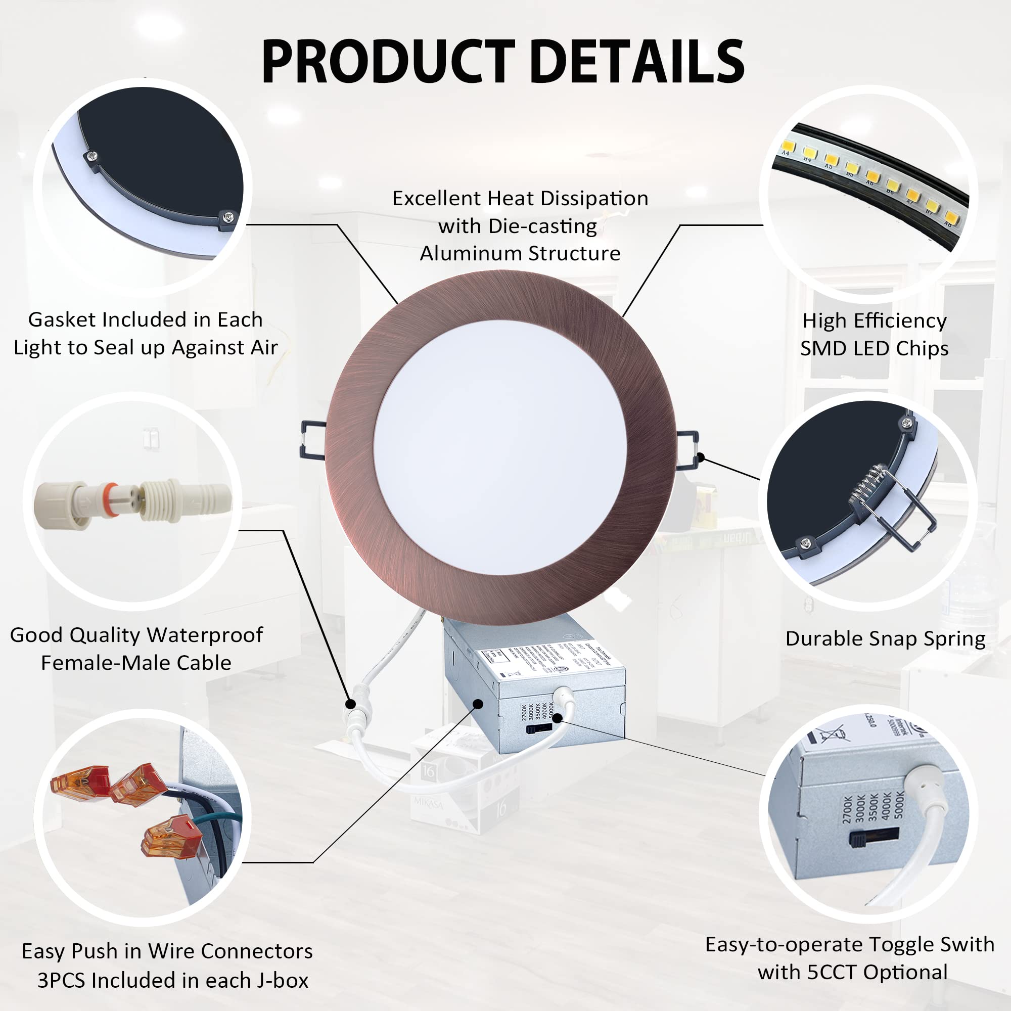 Popanu Led Canless Recessed Downlight Ultra-Thin 5 Cct Adjustable Ceilling Light With Junction Box, 12W Color Temperature Select