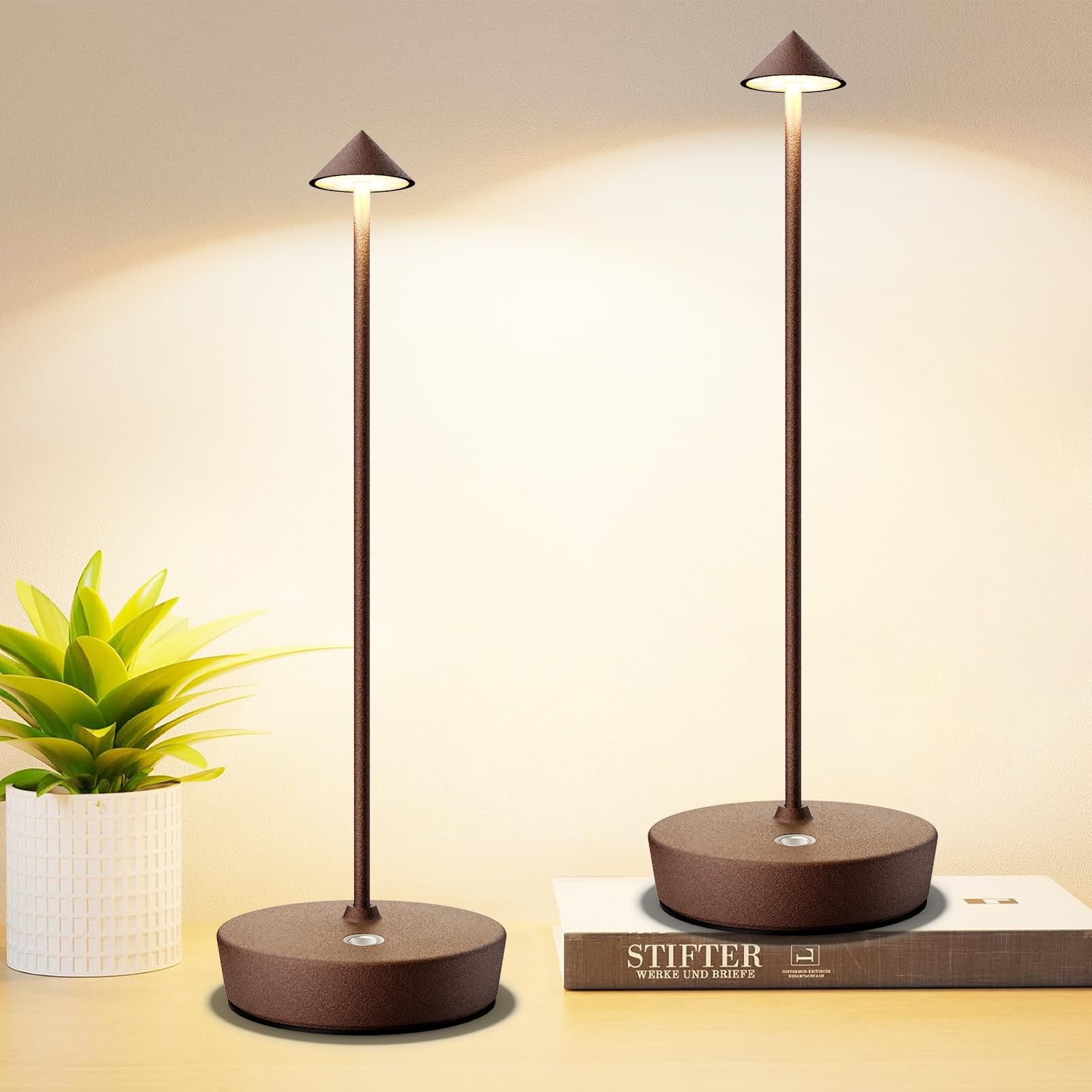 Tpczqj Rechargeable Cordless Table Lamp, 6000mAh LED, Touch 3 Color Dimming, Portable, Waterproof, 2Pack, Rust