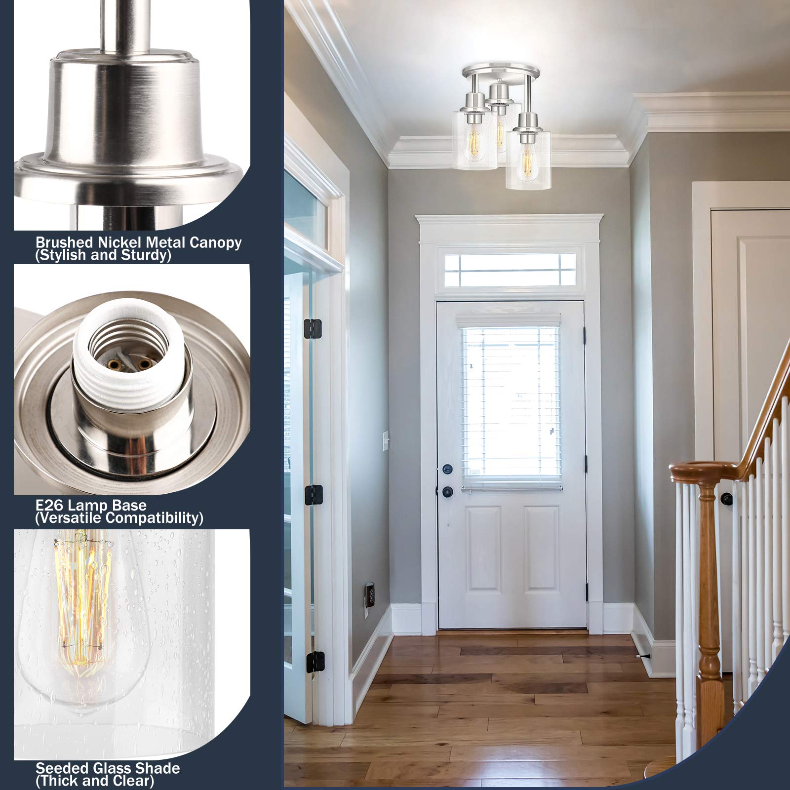 ROTTOGOON Semi Flush Mount Ceiling Light, 3-Light Fixture, Brushed Nickel Finish, Clear Seeded Glass Shade, Silver