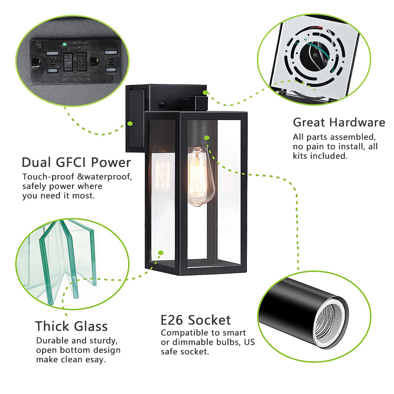 Outdoor Lights With Gfci Outlet, Wall Lantern Porch Light Fixtures Exterior Waterproof Wall Sconce, Clear Glass, Black Wall Ligh