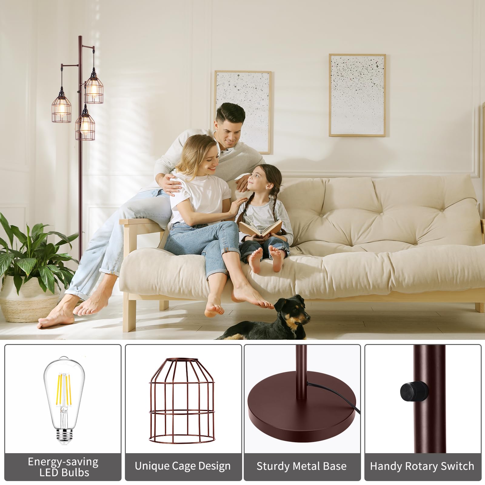 Sucolite 70" Dimmable Industrial Floor Lamp, Brown 3-Light Tree Design, Includes 3 LED Edison Bulbs, Rustic Standing Lamp for Living Room