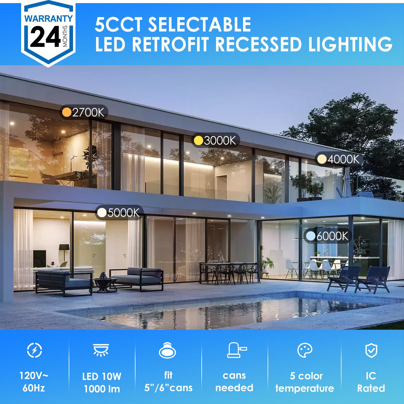 ANWIO Recessed Lighting 6 Inch LED Can Lights 5CCT Dimmable 1000LM 10W White IC Rated 5 Pack AN-DLB11-D610T-