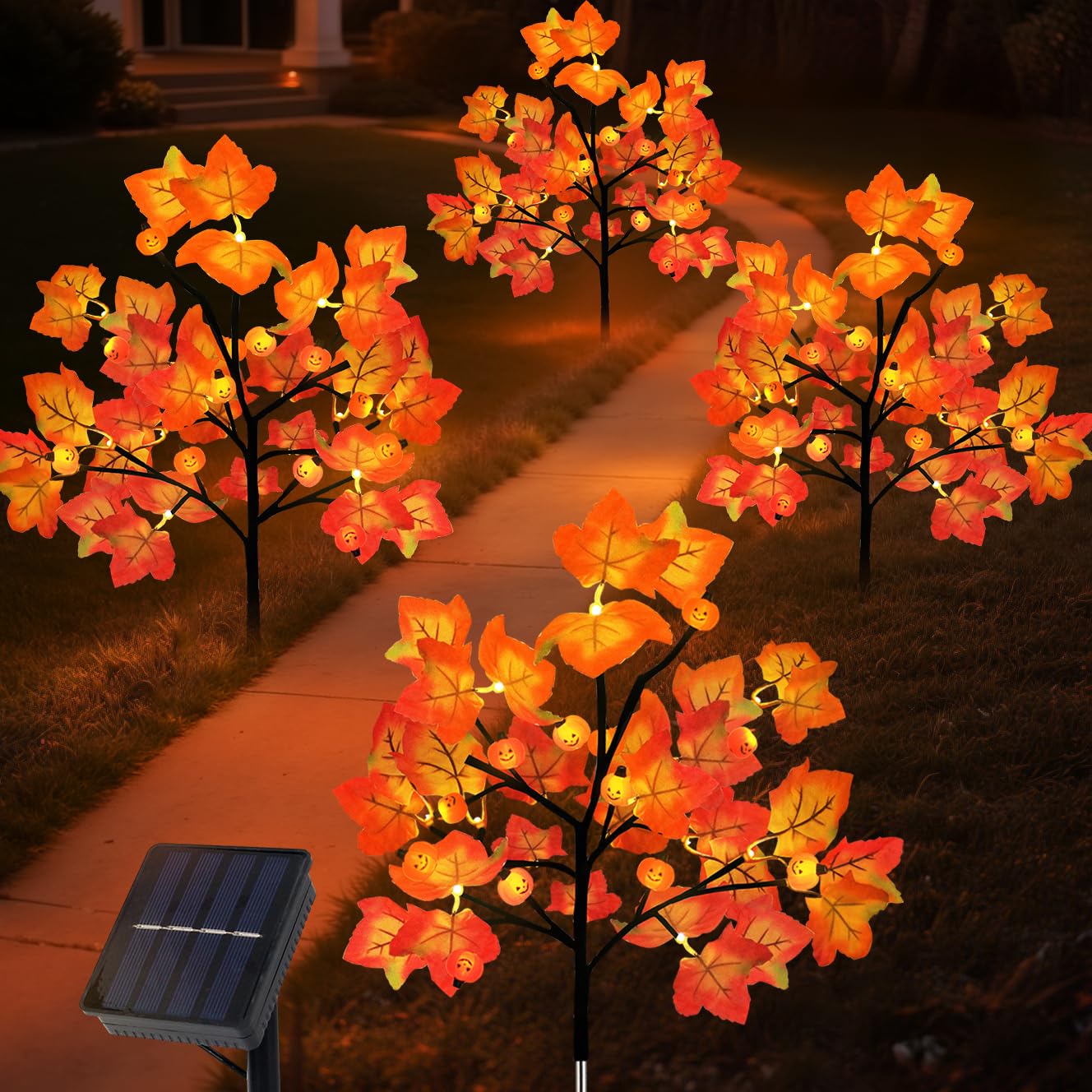 4 Packs Solar Fall Thanksgiving Decorations Outdoor  80Led Maple Leaf Pumpkin Fall Lights For Outdoor Fall Decorations  Waterproof Thanksgiving Lights For Yard  Pathway Harvest Decor