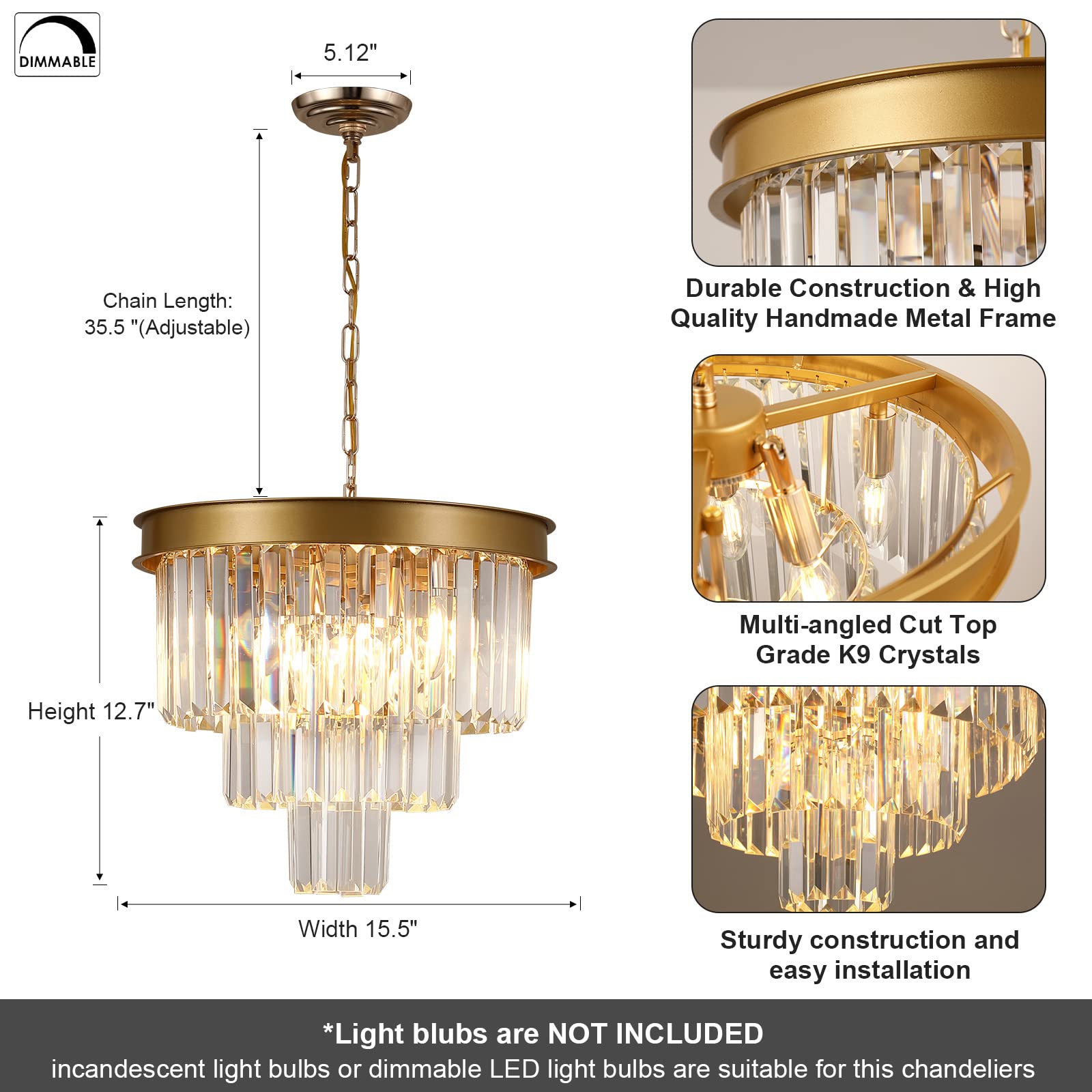 A AXILIXI Gold Crystal Chandelier 16" Modern Dimmable Ceiling Light Fixture for Dining Room, Foyer, Kitchen Island, Model DH88318-400
