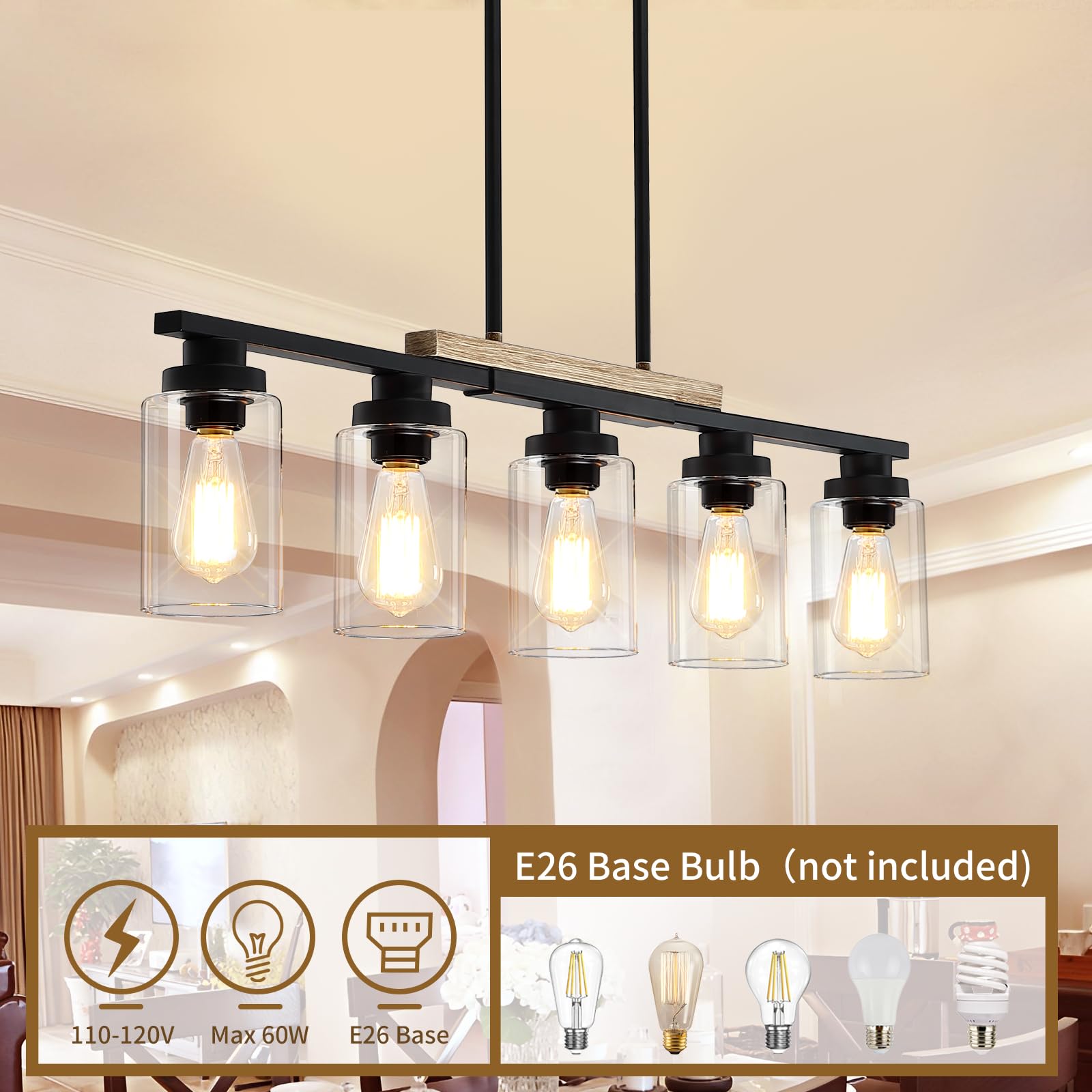 Yusist 5-Light Farmhouse Kitchen Island Chandelier, Black Wood Pendant Lighting for Dining Room, Model D6118-05-BK