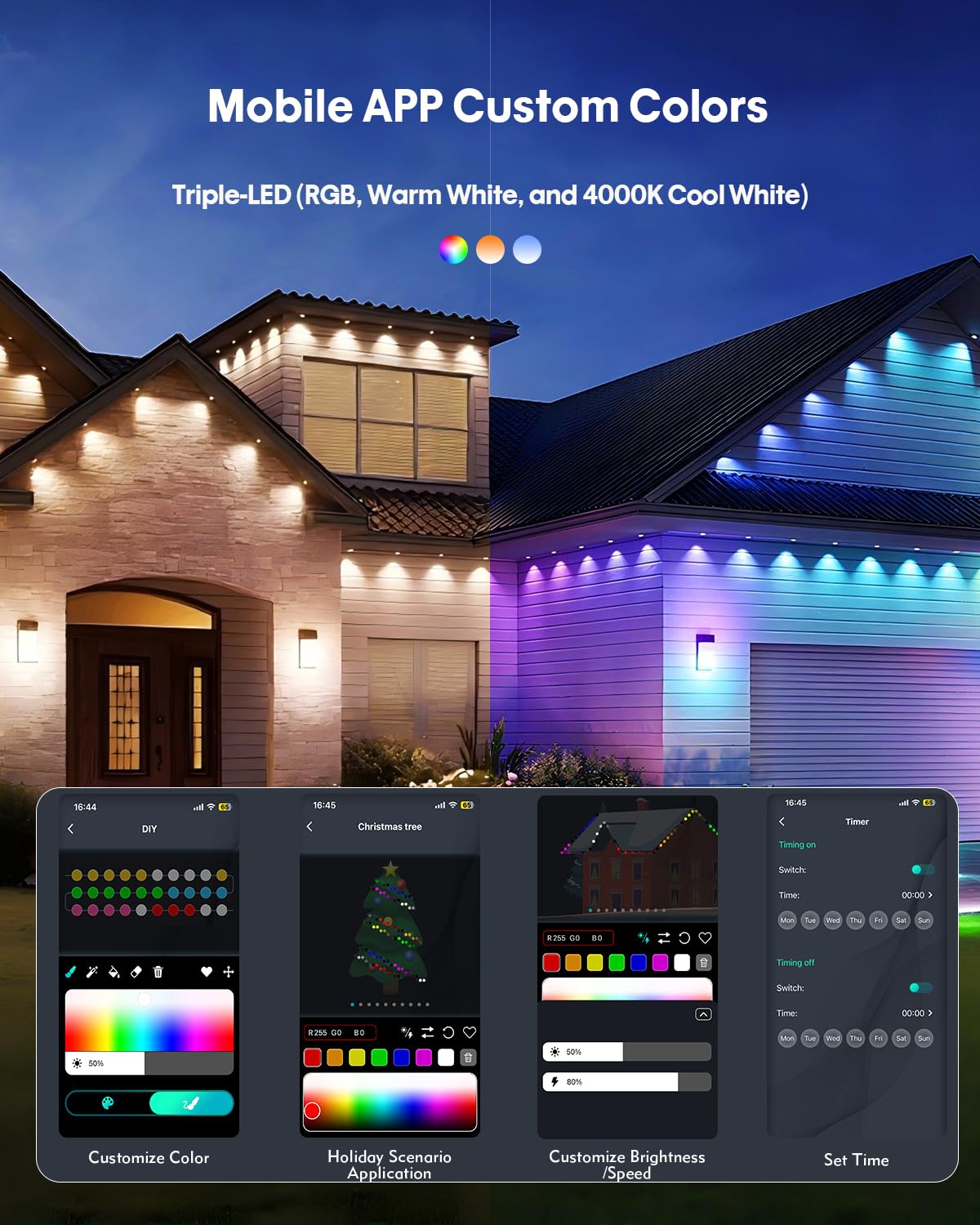 PIYOOPDR Smart RGB-IC Eave Lights, 50FT, 30LED, Waterproof, 4000K White & Multicolor, Model JG-001W-10