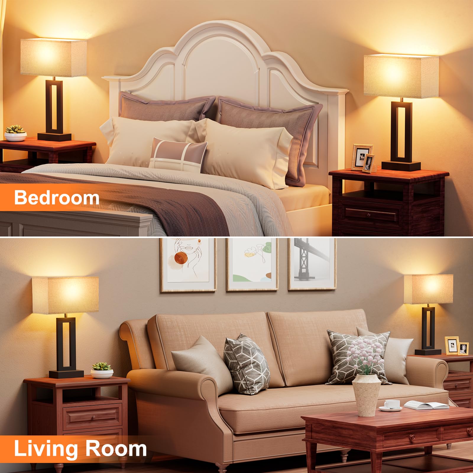 Seealle Bedroom Lamps - Touch Control, 3-Way Dimmable, USB Charging, Medium (19.6in), Beige & Black