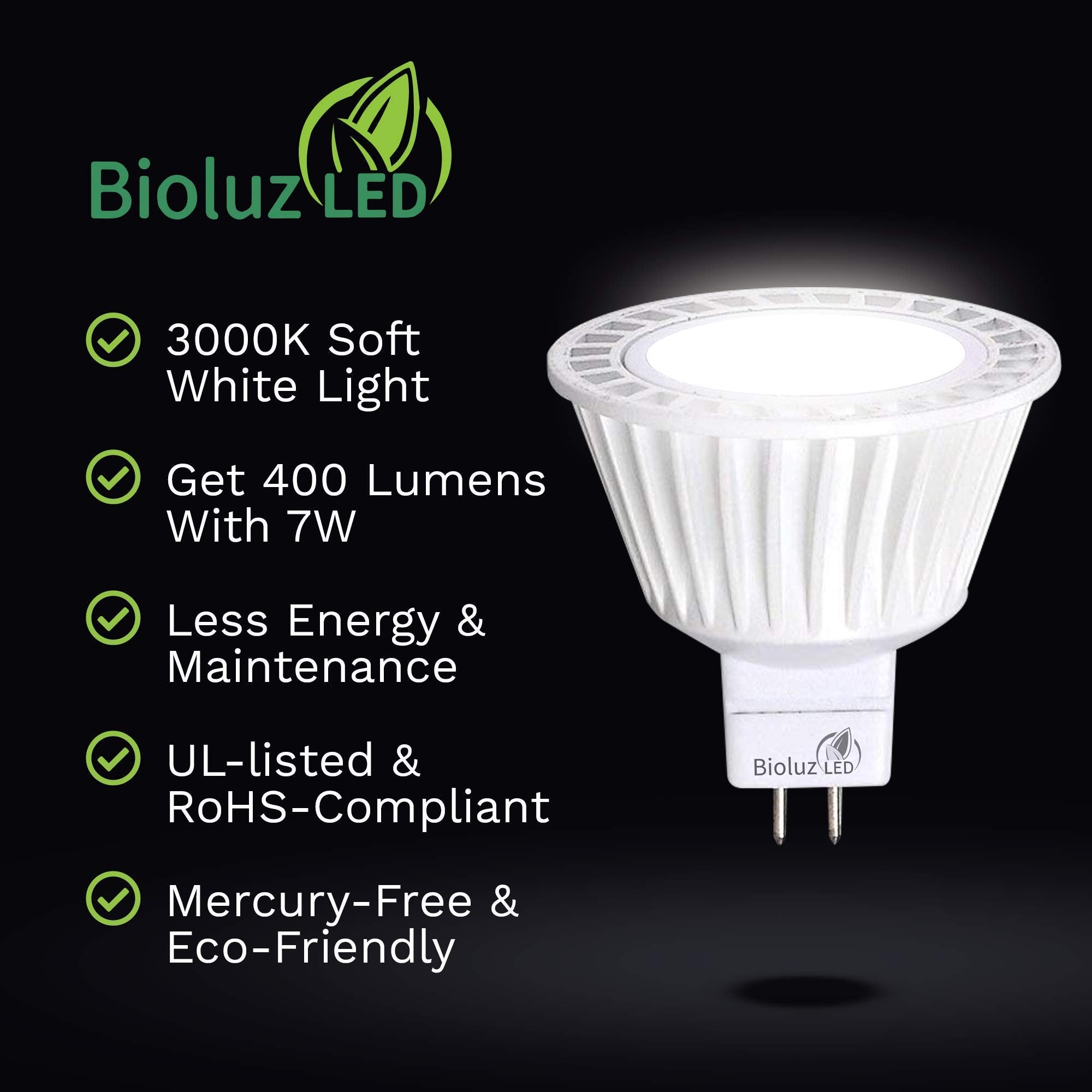 Bioluz LED MR16 Bulb 10 Pack Dimmable 7W 3000K Halogen Replacement AC/DC UL Listed