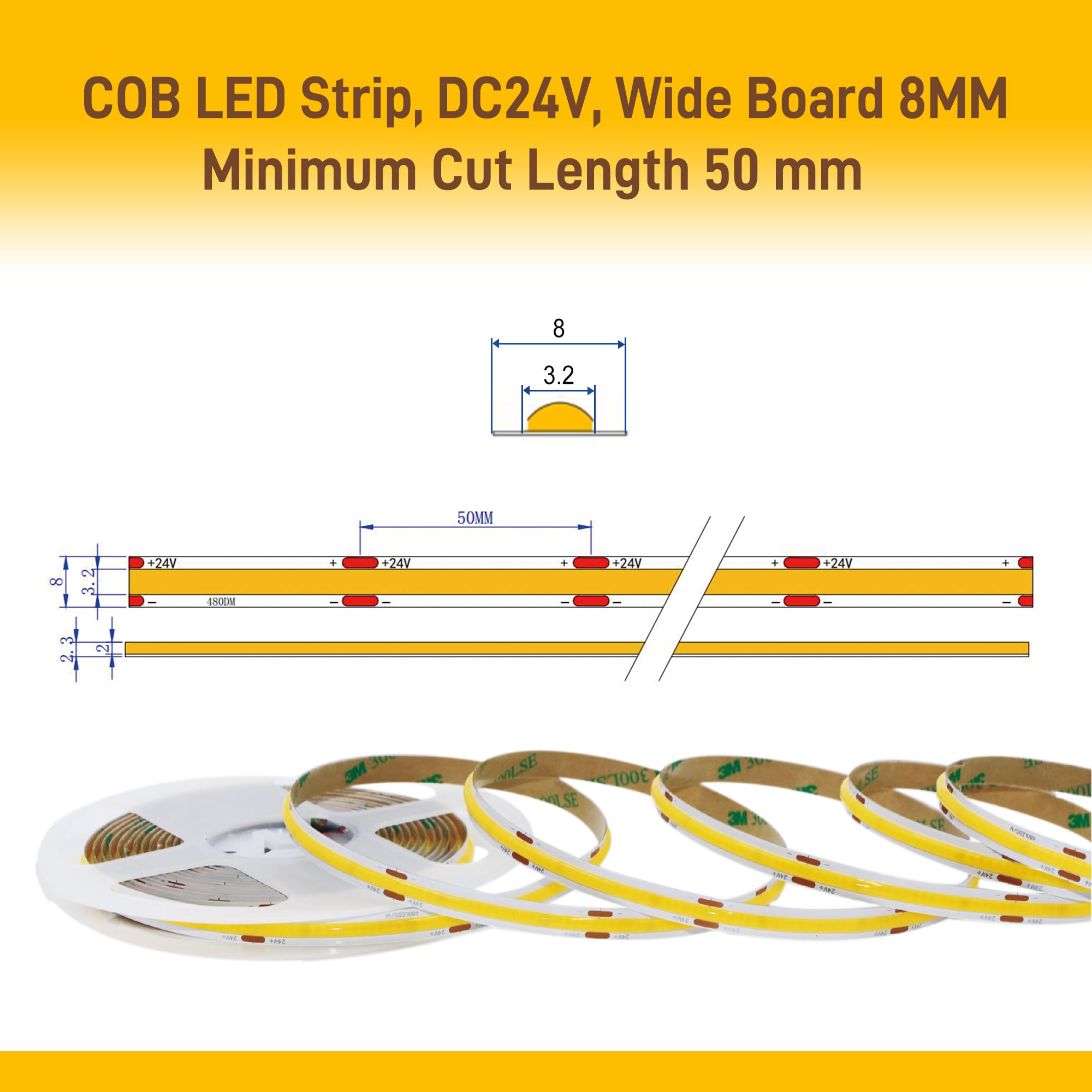 Pandery COB LED Strip Lights, 24V Dimmable, 9.84FT, Cool White 6000K, Flexible, Cuttable, Remote & App Control, Model PD-CO