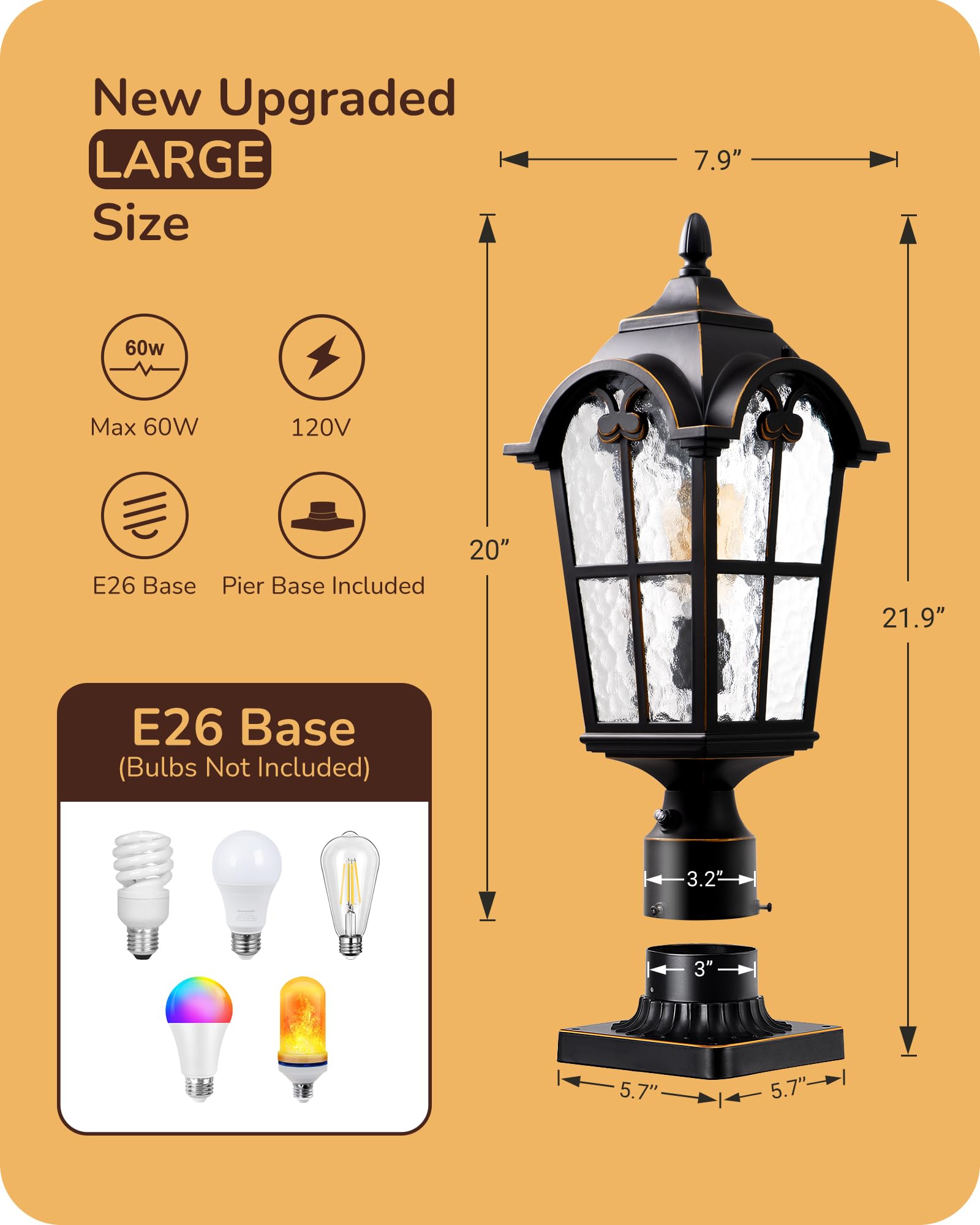 EDISHINE Large Outdoor Post Light, 21.9in  H, Waterproof Aluminum Fixture, Black, Model HOPL02A