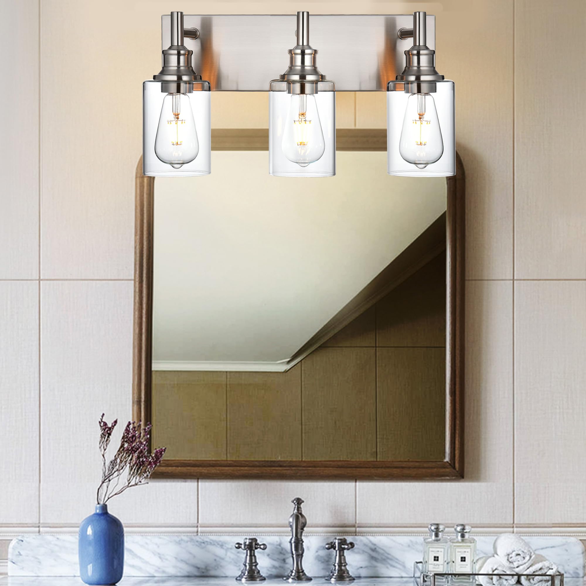 Wanluce 3 Light Bathroom Vanity Light Brushed Nickel Bathroom Lighting Fixtures Over Mirror, Modern Bathroom Light With Clear Gl