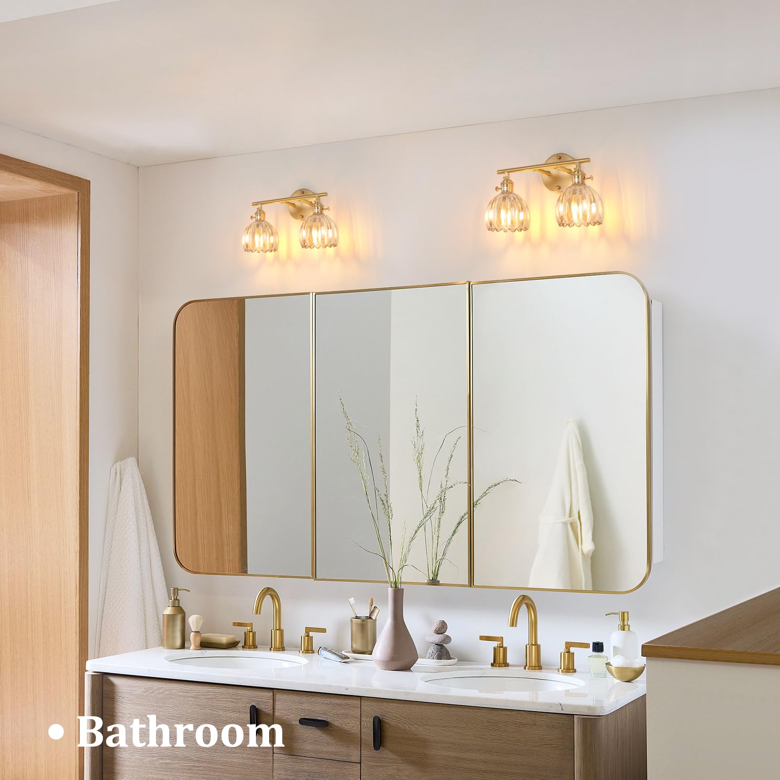 Shenmoyl 2-Light Brass Vanity Wall Light with Amber Tulip Glass Shade, Hardwired Fixture for Bathroom and Living Room, Model 1-9325