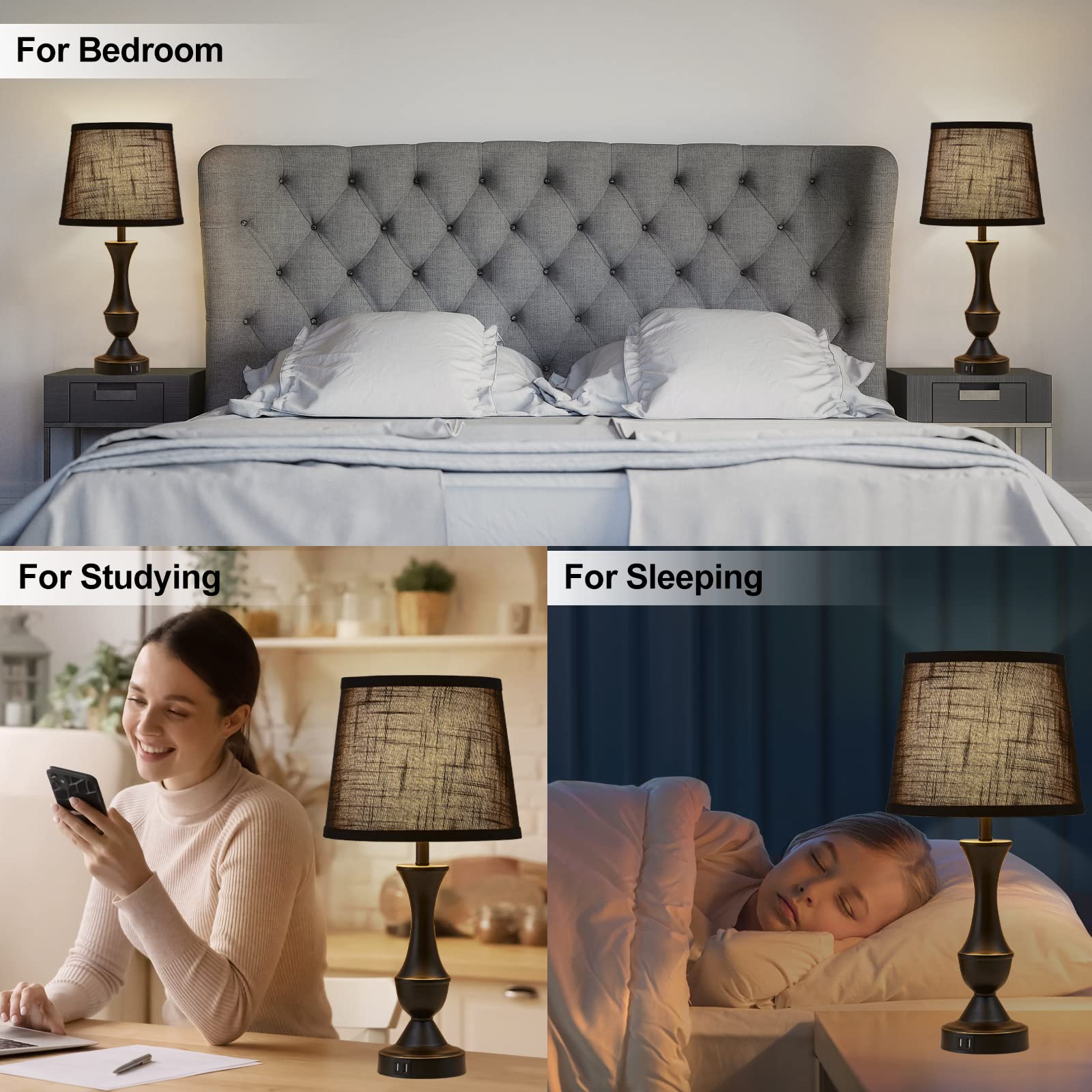 Luvkczc Black Touch Table Lamps Set Of 2, 22 Tall, Usb Charging Ports, Metal, Led Bulb Included