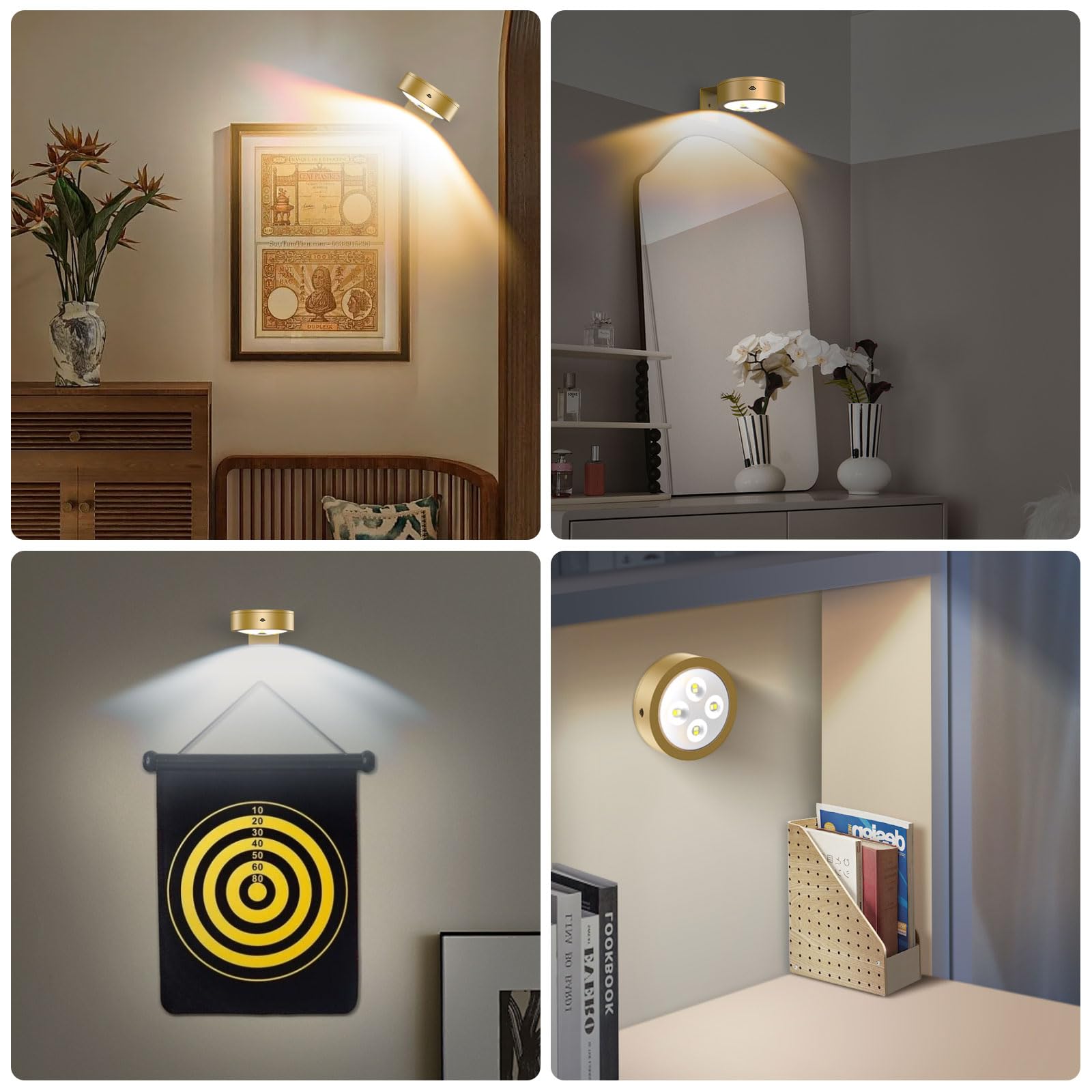 EUIOKUN Wireless Picture Light 3Pack, Battery Operated, Remote Control, Dimmable, Gold, Plastic, Model m1