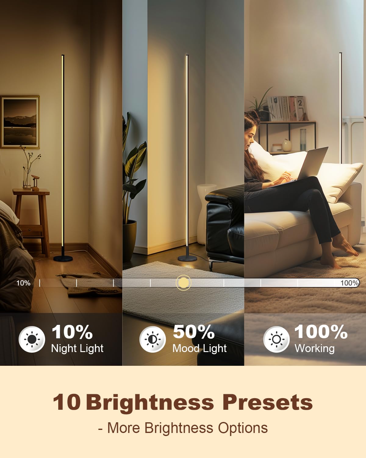 TACAHE Minimalist Corner Floor Lamp - Dimmable LED Night Light - 57" Black, Model TCH-CFL02 - Modern Design with Remote Control