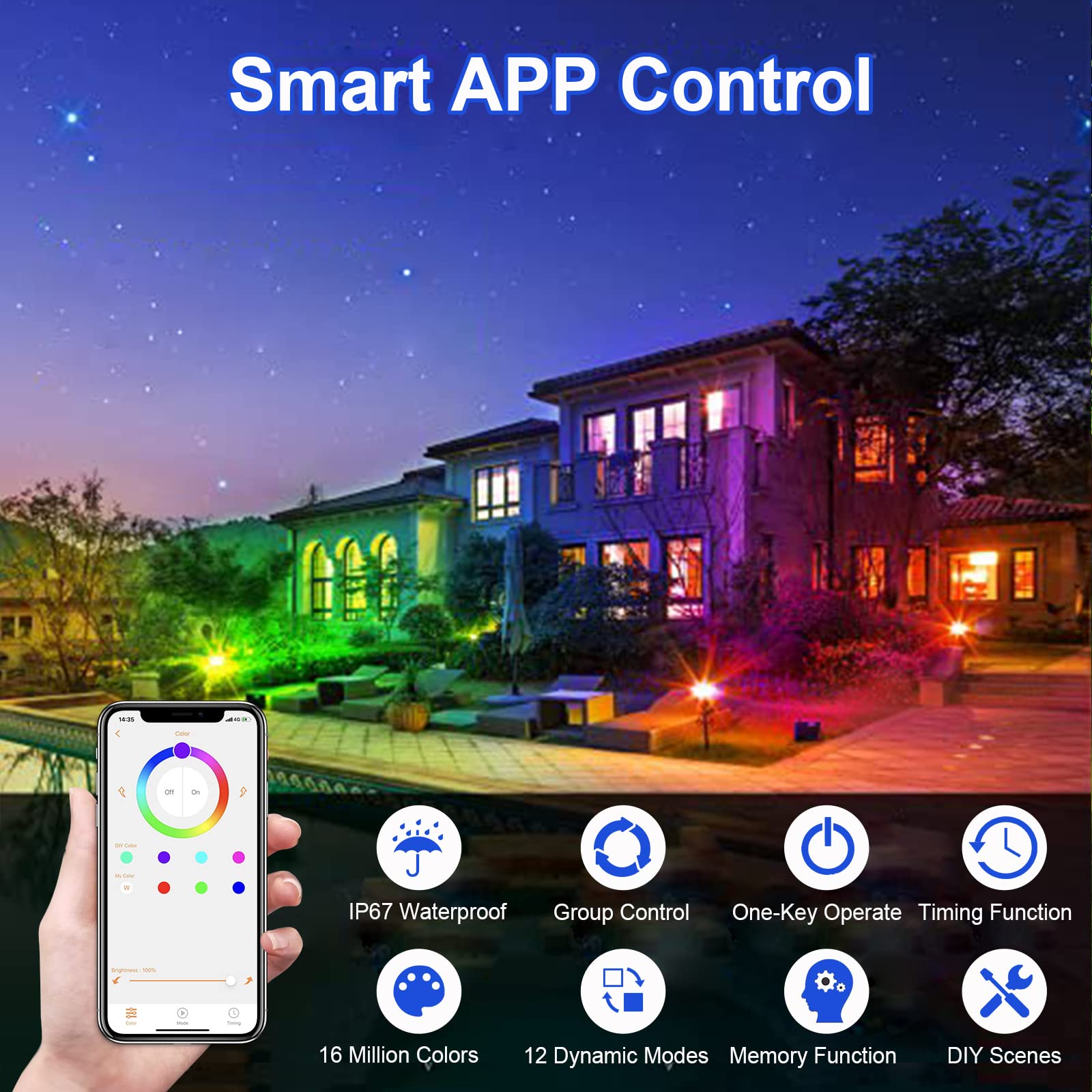 Atractligte 15W Rgb Spotlights, Ip67 Waterproof, Bluetooth Dimmable, 2 Pack For Yard Decoration