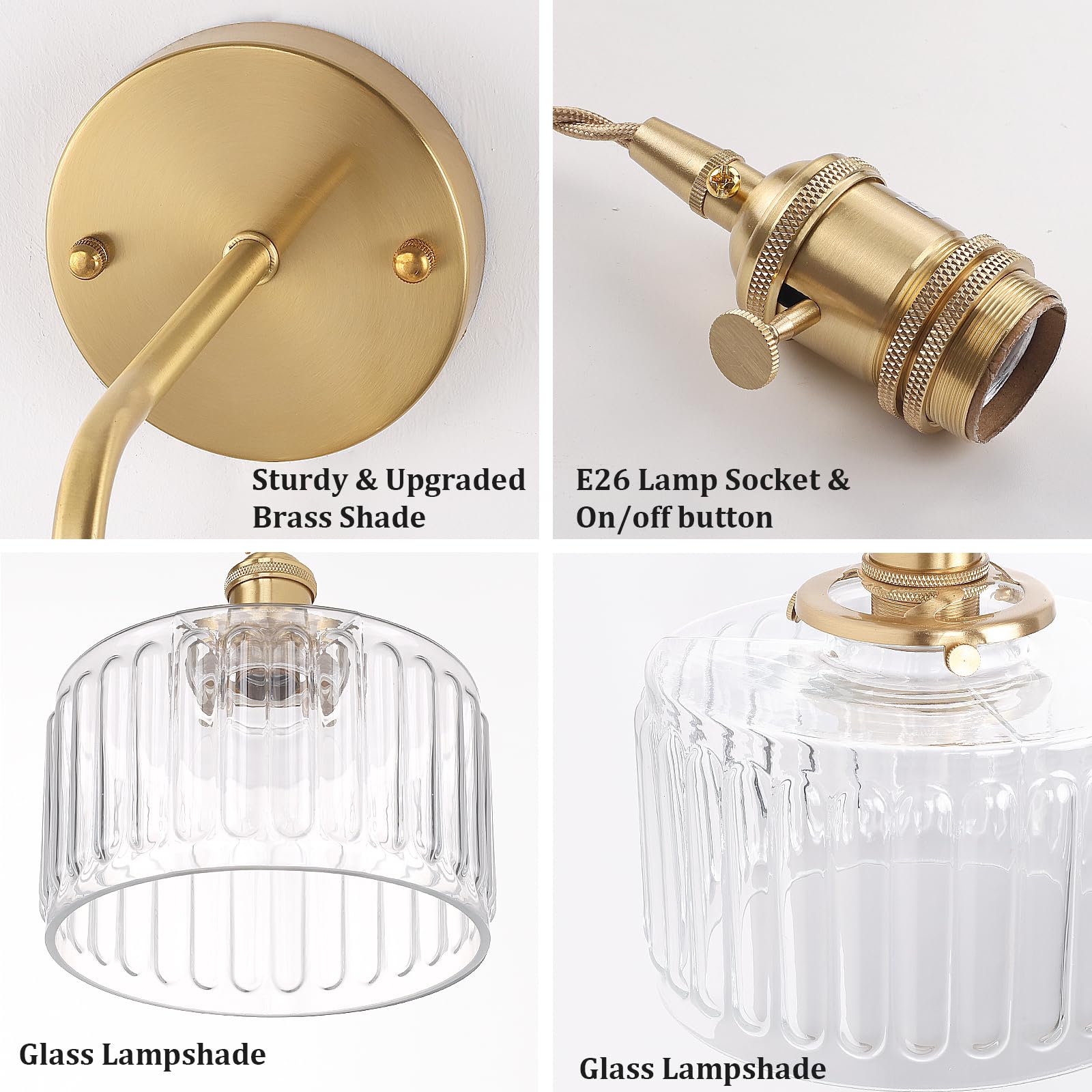 Shenmoyl Battery Operated Wall Sconce, Brass with Clear Striped Shade, Adjustable Chain, Modern Design, Model 1-938