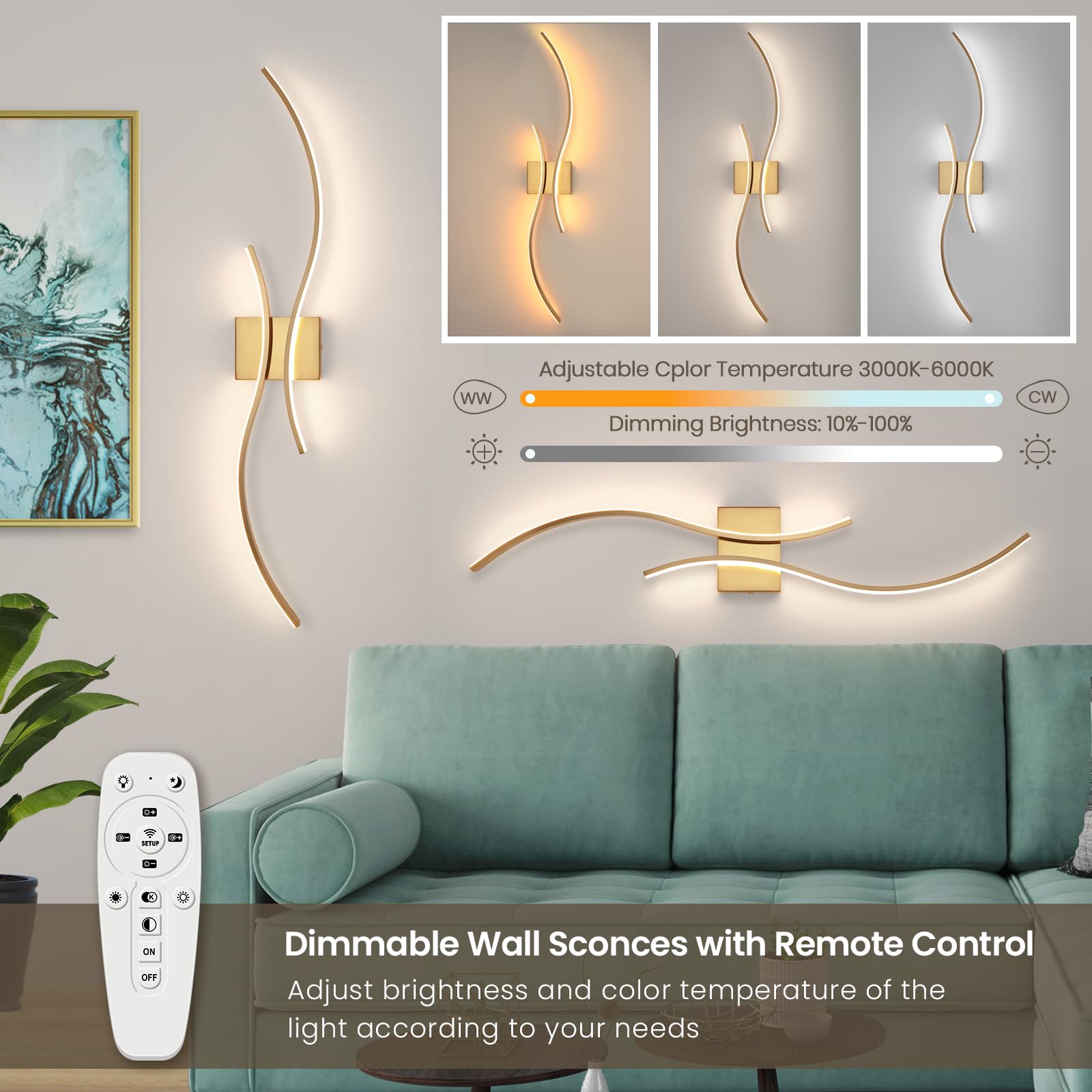 CANEOE Modern Wall Sconce Set of 2, Dimmable LED Lighting, 39" Gold Aluminum Hard-wired Fixtures for Living Room, Bedroom, Bathroom
