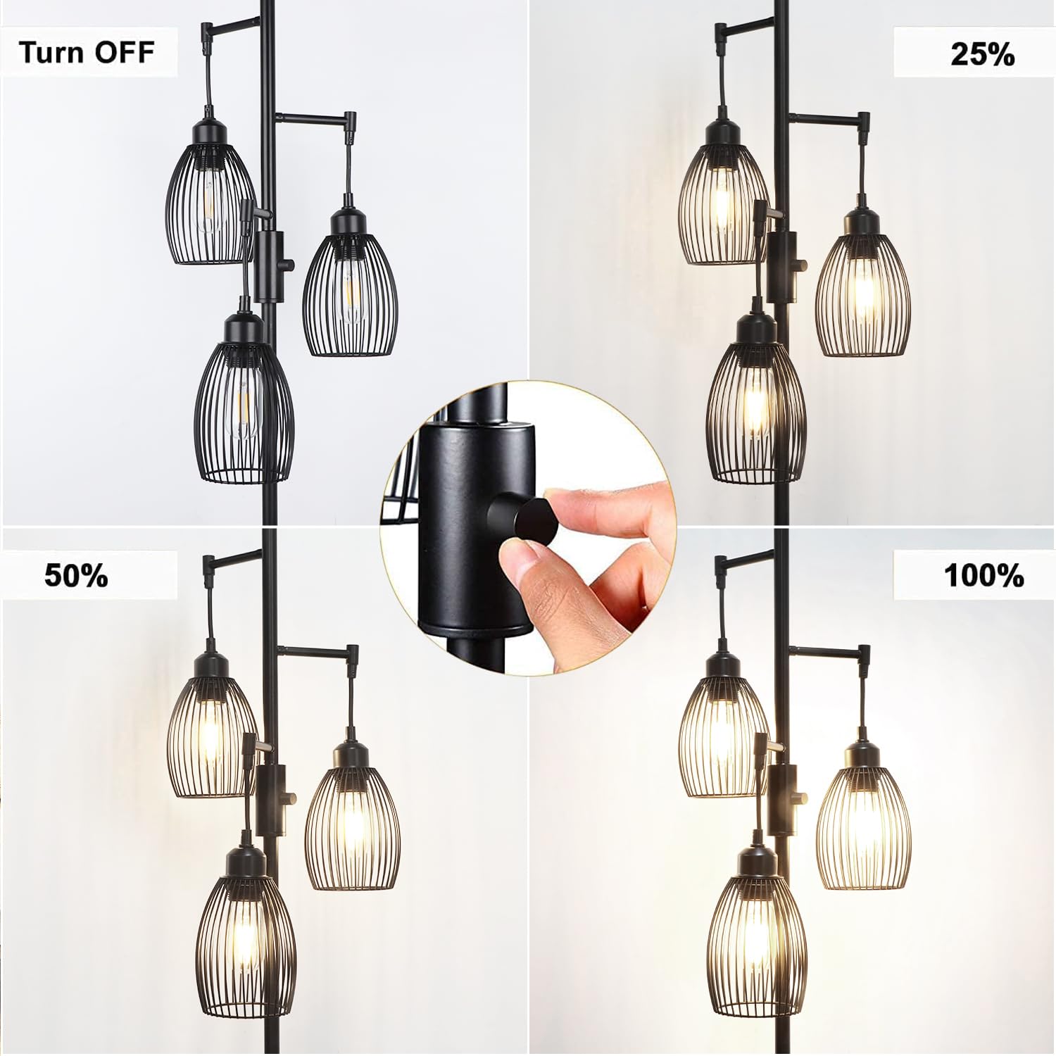 68 Dimmable Floor Lamp, 3 X 800Lm Led Edison Bulbs Included, Industrial Floor Lamps For Living Room, Rustic Tall Lamps Standing