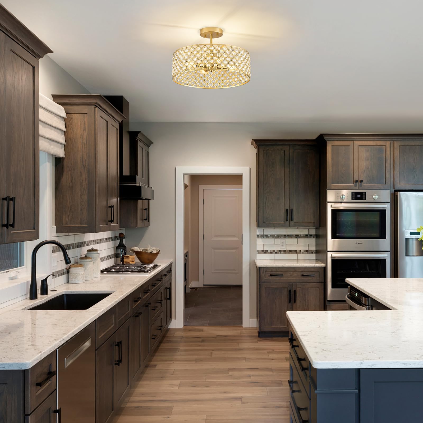 Bzvesr Gold Crystal Ceiling Light Fixture Modern Semi Flush Mount Ceiling Lighting Fixture Round Small Chandelier For Dining Room  Hallway  Entryway  Kitchen  Bedroom Foyer 4 Light 15.7 Inch