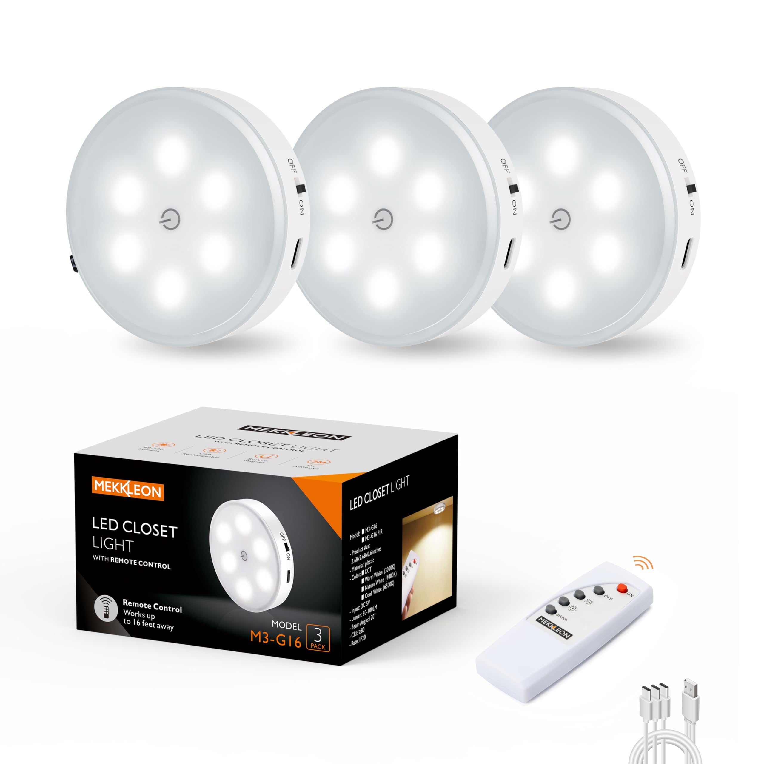 Puck Lights With Remote Control,1000Mah Rechargeable Under Cabinet Lighting,Led Closet Lights,3Pack Night Light,Cordless Stick On Lights For Under Cabinet,Hallway, Stairway,Closet (Cool White)