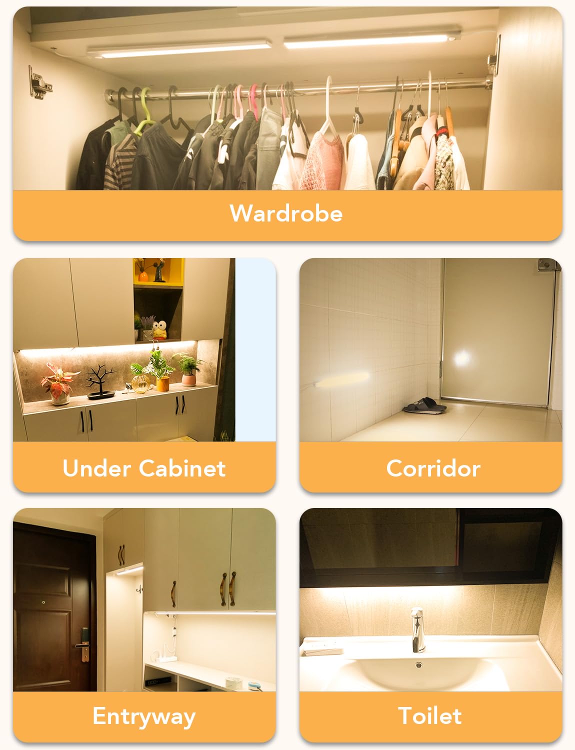 AuyiHomu Under Cabinet Lighting - 16" Motion Sensor LED, Warm White, 12V, Magnetic, Ideal for Kitchen, Hallway, Toilet, Garage, Closet