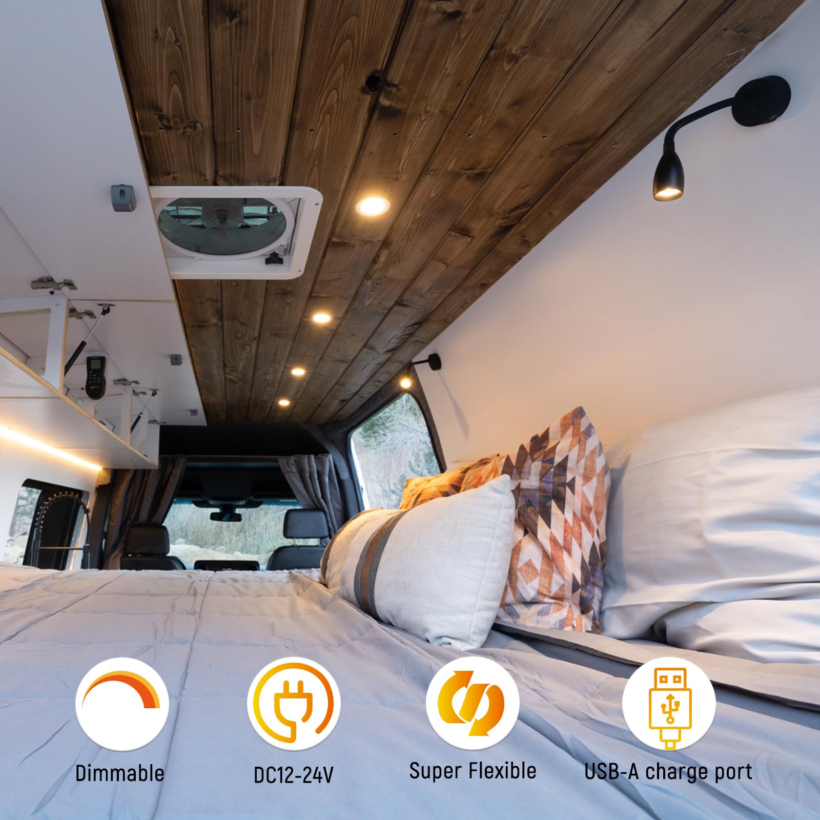 Obeaming 12V Led Dimmable Reading Light 2 Pack, Rv Bedside Reading Lamp With Usb Charger 12 Volt Flexible Gooseneck Wall Lamp Fo